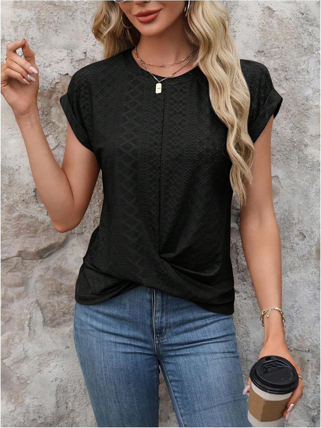 SweatyRocks Women's Casual Twist Front Eyelet Tops Crew Neck Cap Sleeve T Shirts Blouses - Image 5