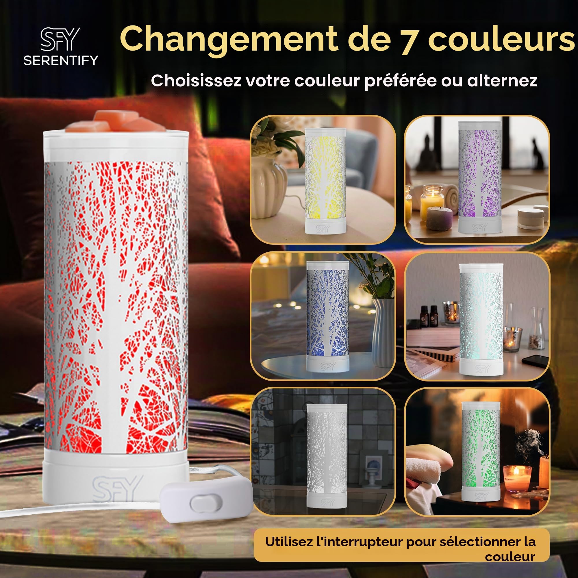 Brûleurs à cire électriques à couleur changeante | Brûleur d'huiles essentielles | Lumière/Lampe LED et chauffe-cire | Plat en silicone facile à nettoyer | 26,5 cm (Blanc)