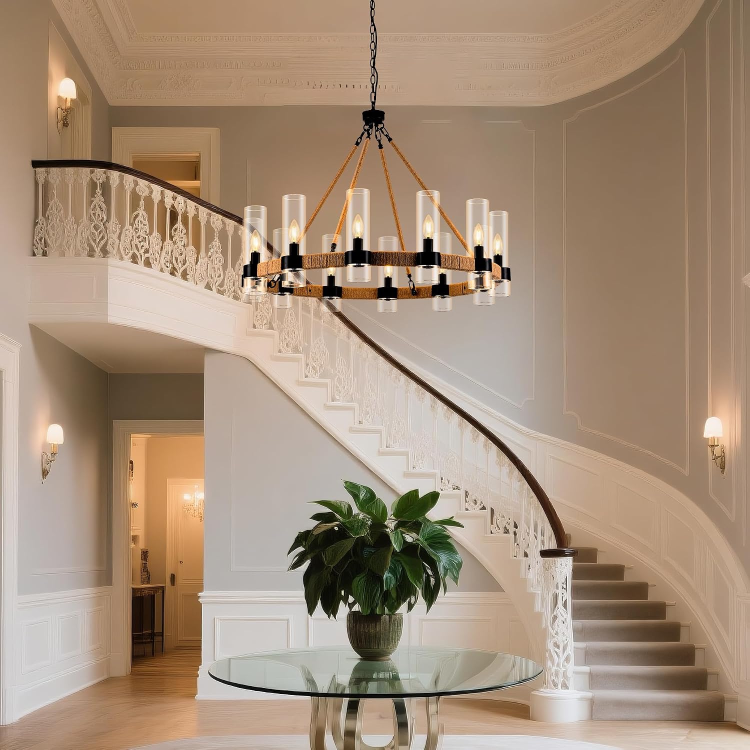 MAYNA 36 Inch Golden Wagon Wheel Chandelier with Glass Shade, 12 Lights, Modern Farmhouse Style, Ideal for Dining Room, Kitchen