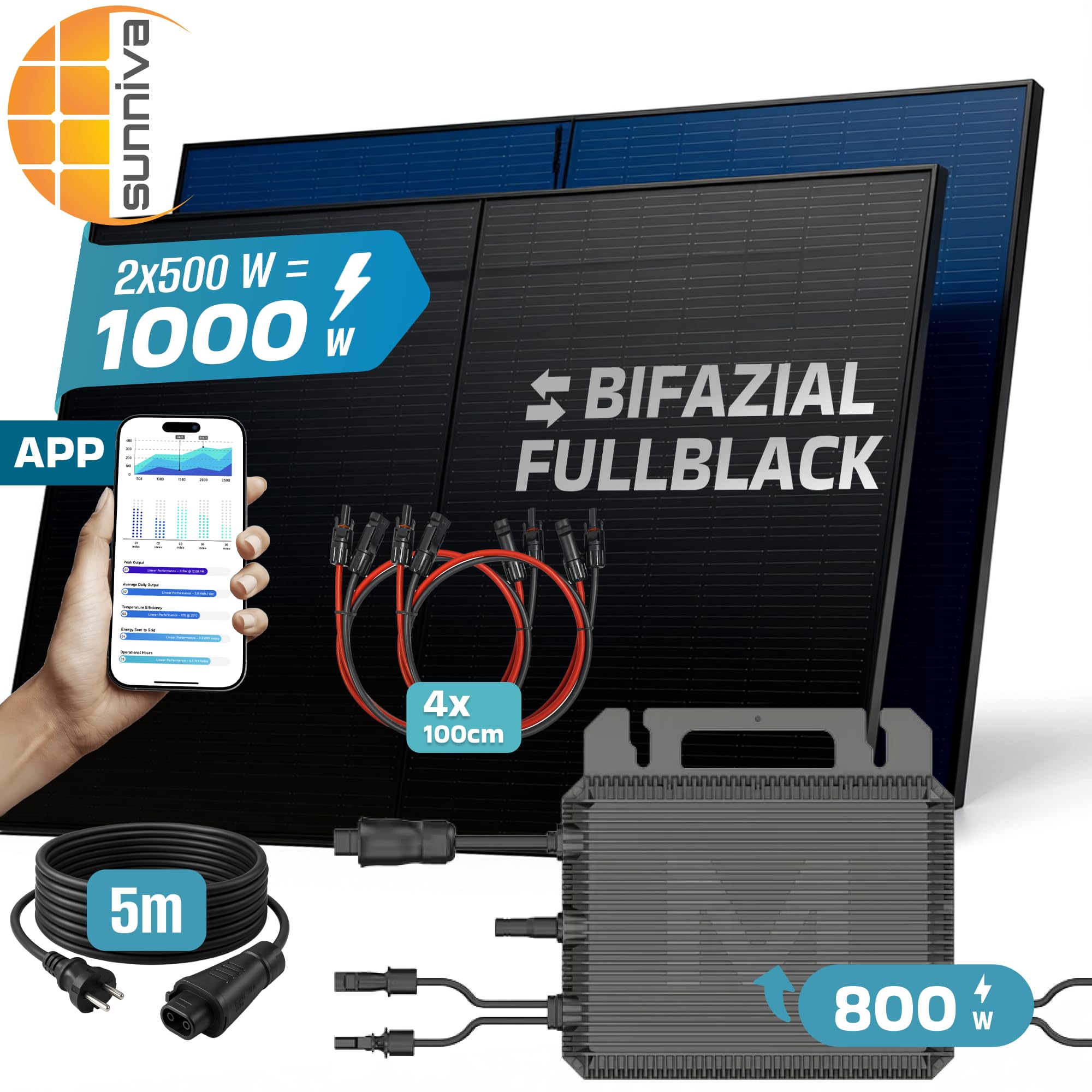 SUNNIVA® 1000W Balkonkraftwerk BIFAZIAL FULLBLACK komplett Steckdose MARSTEK 800 Watt Wechselrichter, Solaranlage Komplettset, 2x 500W N-Type Glas Bifacial Solarmodule, 5m Kabel, 4x 1m Solarkabel