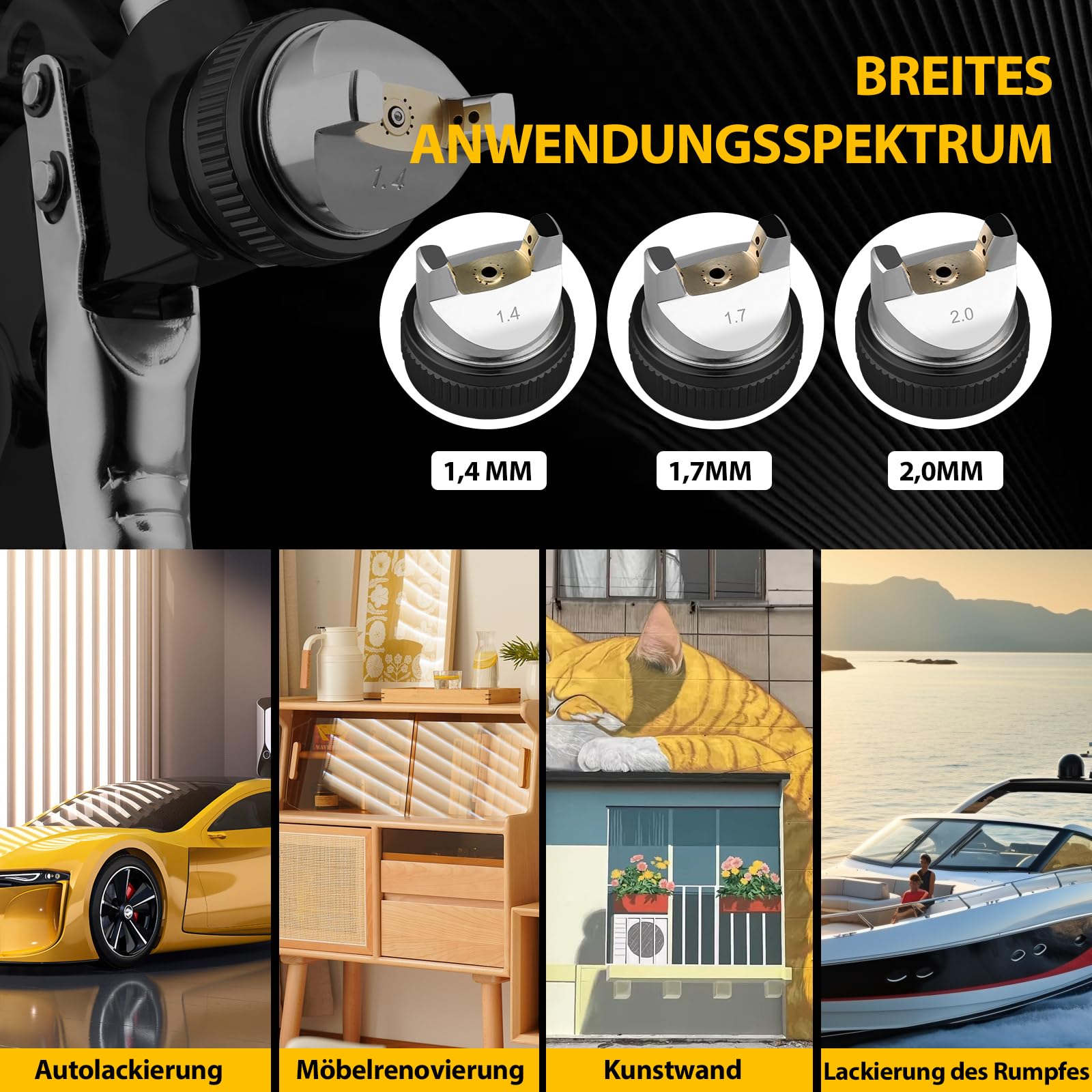 HVLP Lackierpistole Spritzpistole H2008 Lackierpistole Druckluft | 3 Düsen-1,4/1,7/2,0mm, 650ML Einweg-Farbmischbechern, Profi Luftspritzpistole