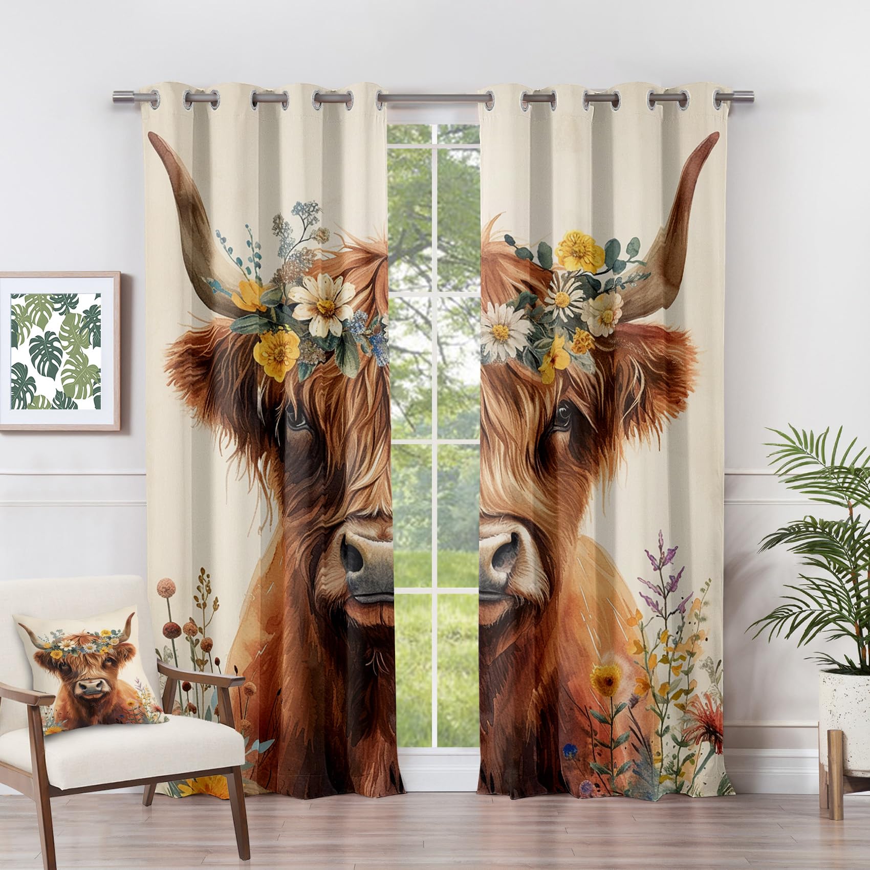 Highland Cow Bedroom Curtains - Highland Cow Curtains - Floral Farm Animal Blackout Curtains 90 x 108 Inch (Width x Drop) 2 Panels, Flower Farmhouse Cattle Eyelet Curtains & Drapes