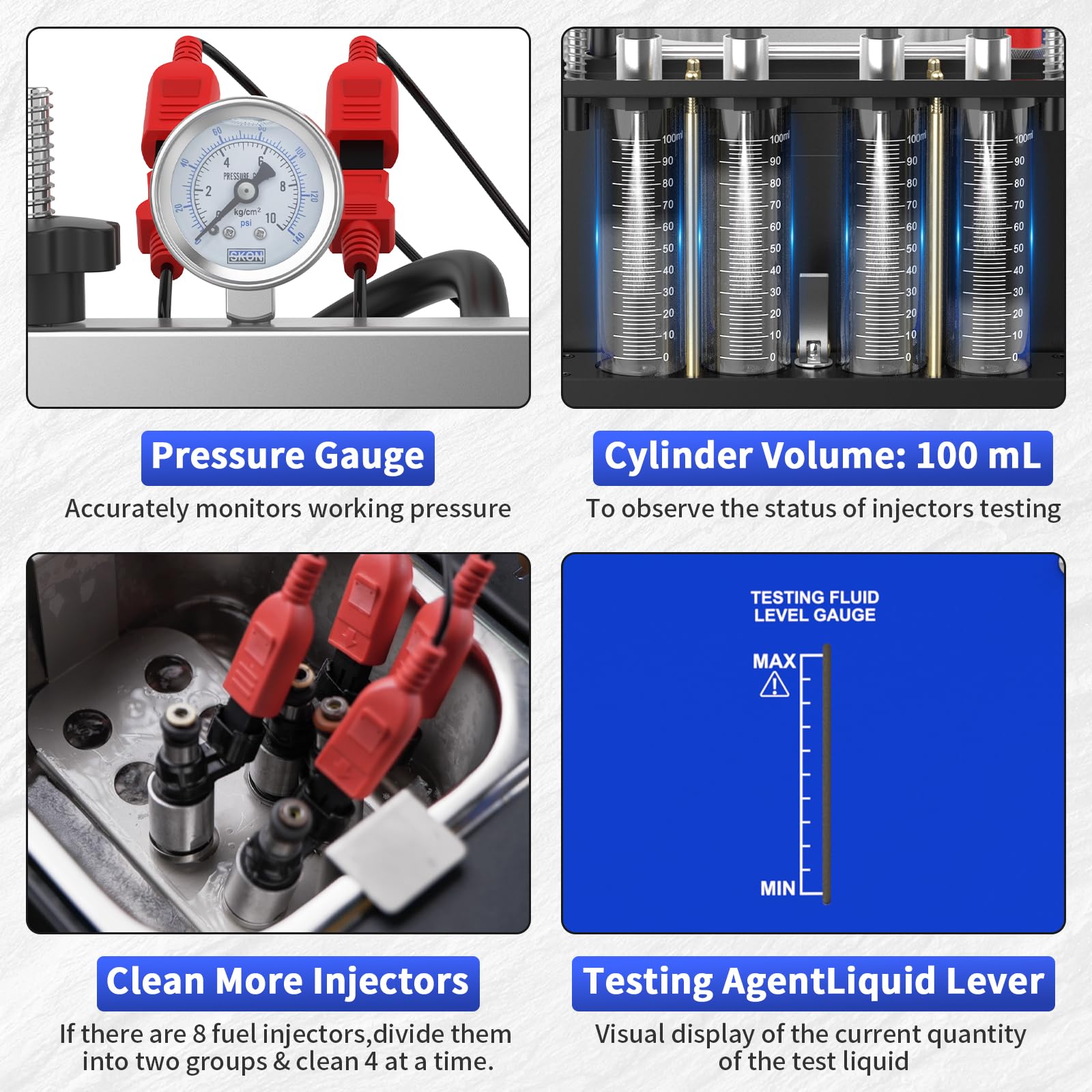 4 Cilindros GDI Probador Máquina de Limpieza con Limpieza Ultrasónica, Ultrasonidos Calefactores Limpiadores y Probador de Inyectores de Combustible con 10 Funciones, Adecuado para Inyectores EFI/FSI