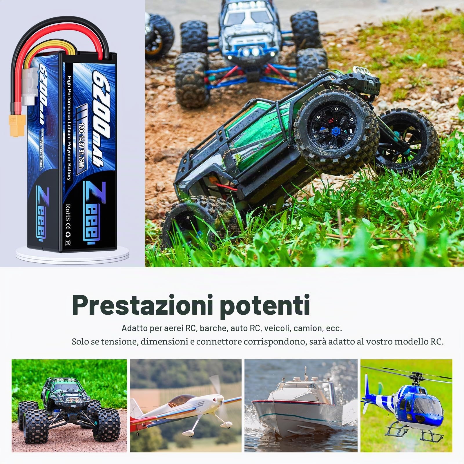 Zeee 4S Lipo 14,8V 120C 6200mAh Batteria RC con connettore XT60 (2 pezzi) | Batteria RC per auto RC, camion, carro armato, buggy, truggy