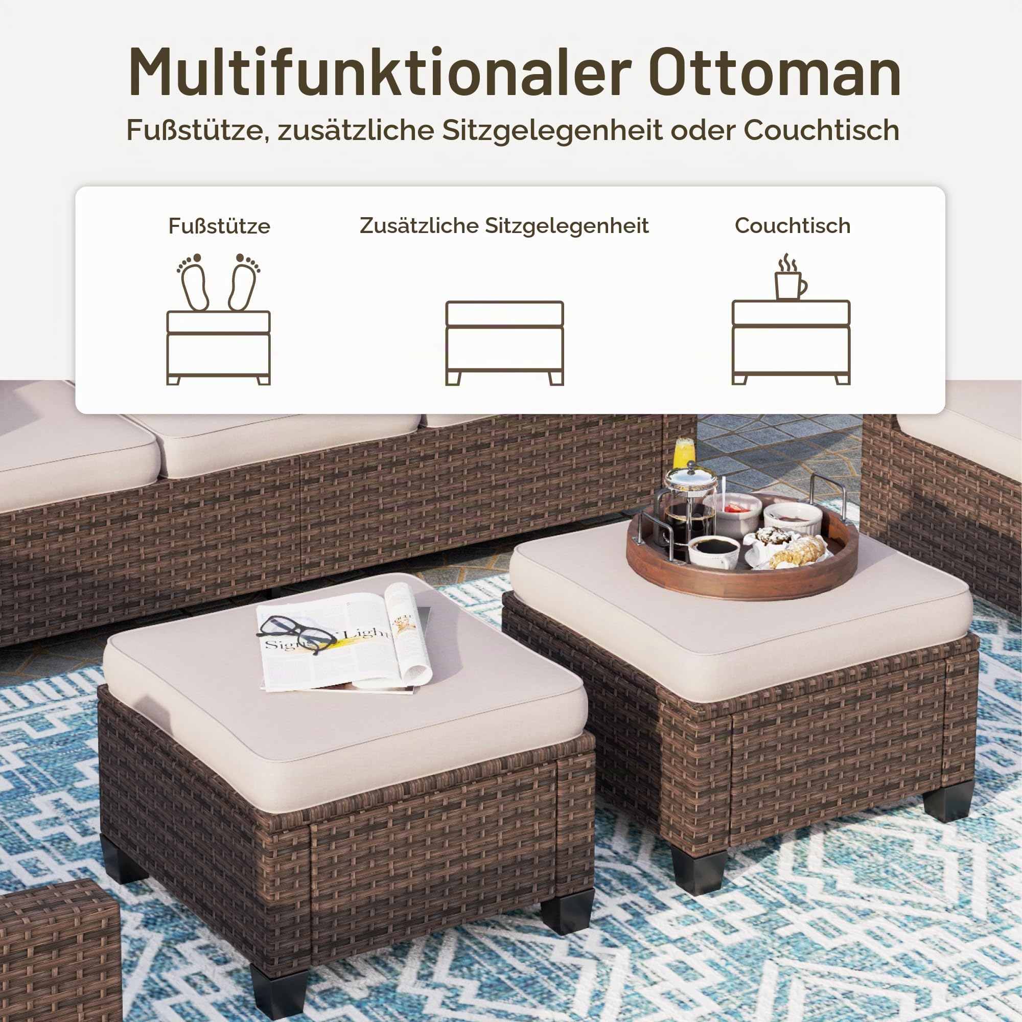 PHI VILLA Gartenmöbel Set Balkonmöbel 5 Stück, Rattan Lounge Möbel Outdoor Gartenlounge Set 7-Sitzer, Terrassenmöbel Modulare Möbel mit Verstärkten Kissen, Beige