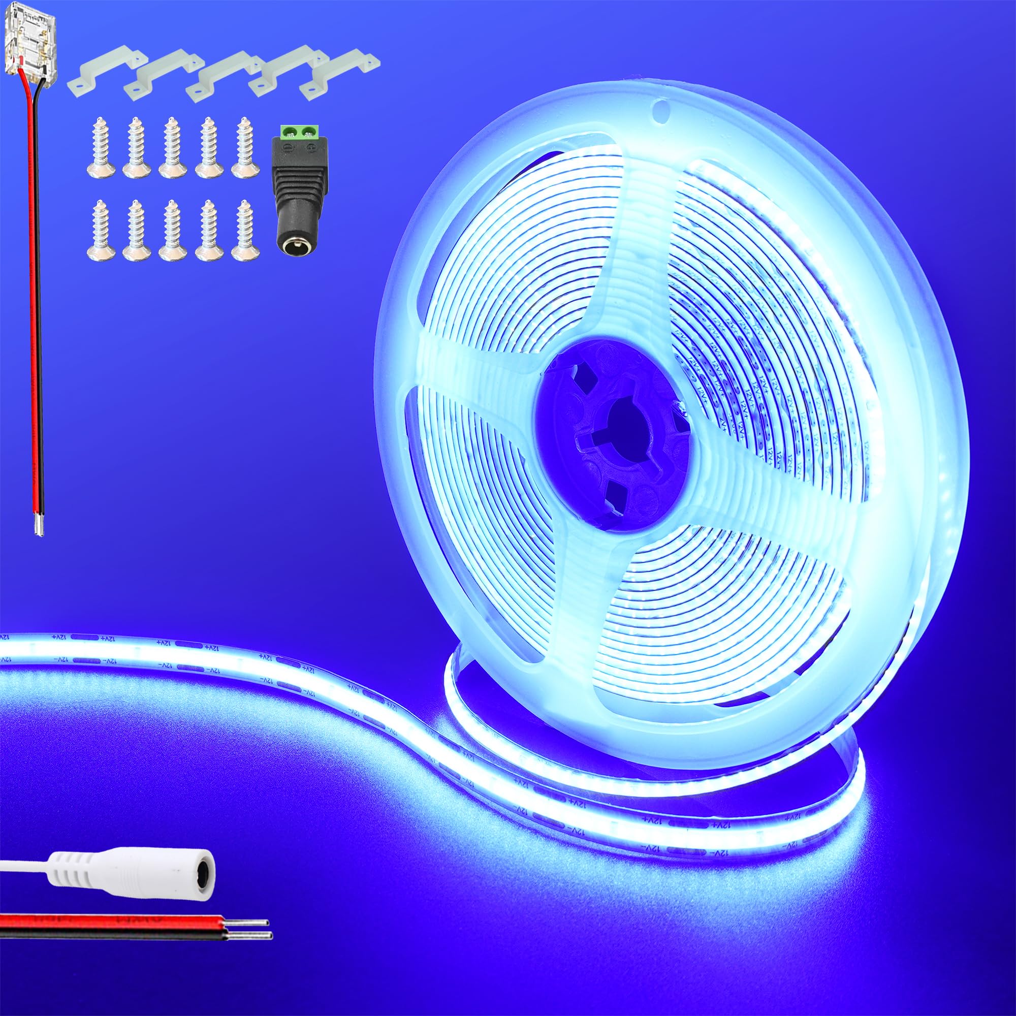 Clearhill 12V COB 480LED Strip Lights,16.4FT/5M(No Power Supply), Blue, 2400LED,with 5521DC Female Connectors,8mm Width,IP20,for DIY Home Indoor Decoration