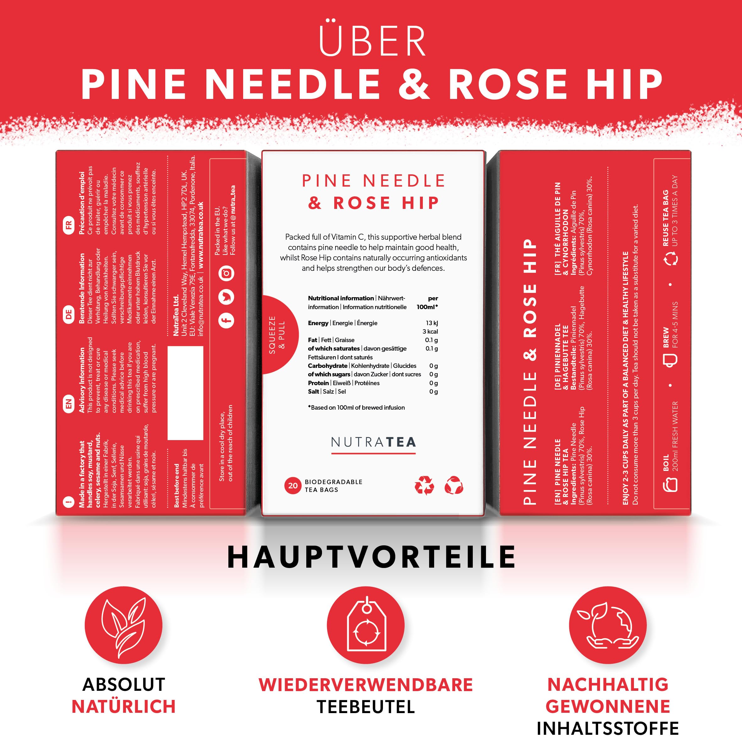 Nutra Tea Hagebutten & Kiefernnadeln Tee - Hagebuttentee zur Unterstützung des Immunsystem & Zellschutz - 120 Verpackte, Wiederverwendbare Teebeutel - Kräutertee - (6 Packung) | Kiefernnadel-Teemischung, einzeln verpackte Teebeutel, botanischer Aufguss, k