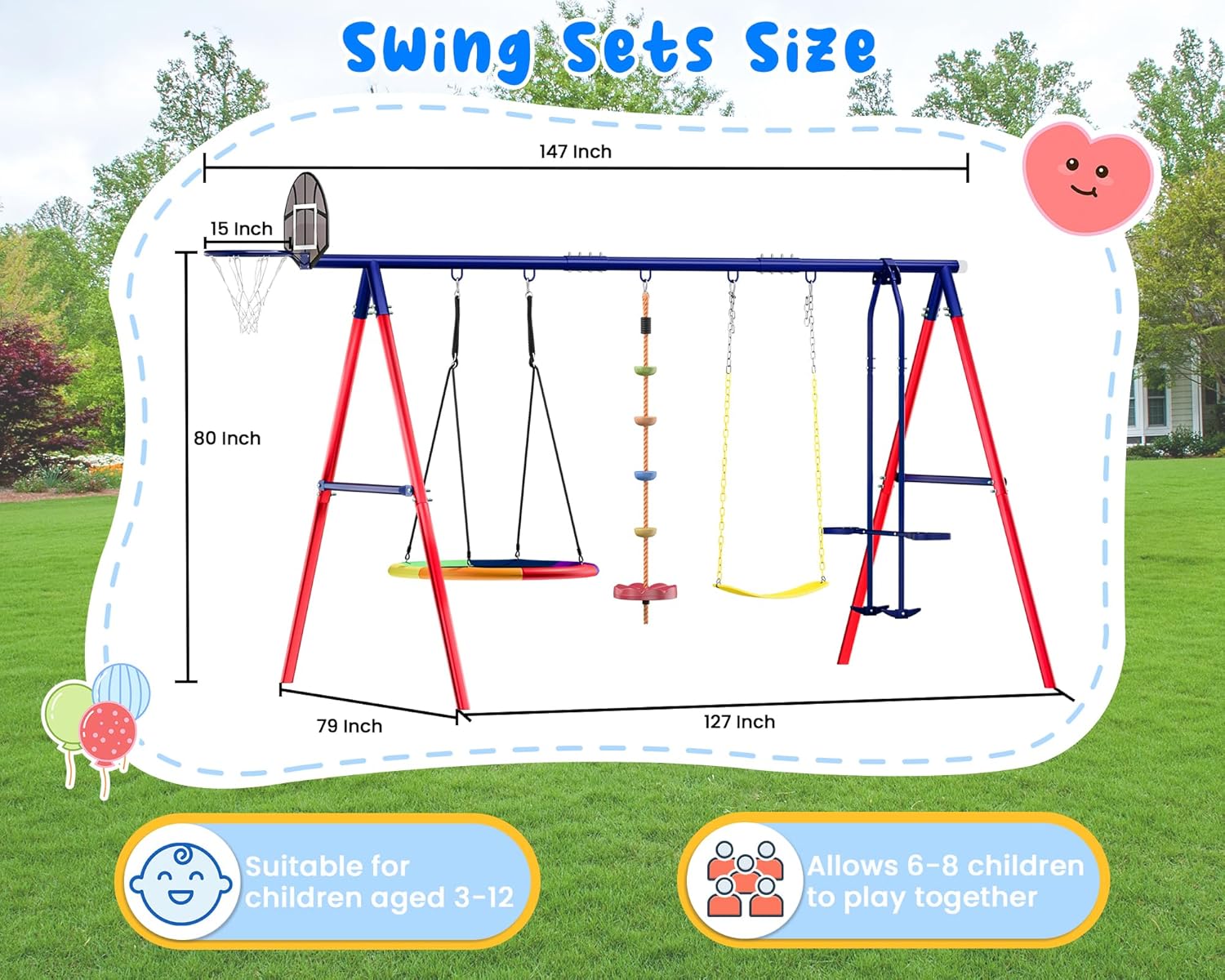 Diagram illustrating the dimensions of the BUPPLEE 5-in-1 Swing Set, showing length, width, and height measurements.
