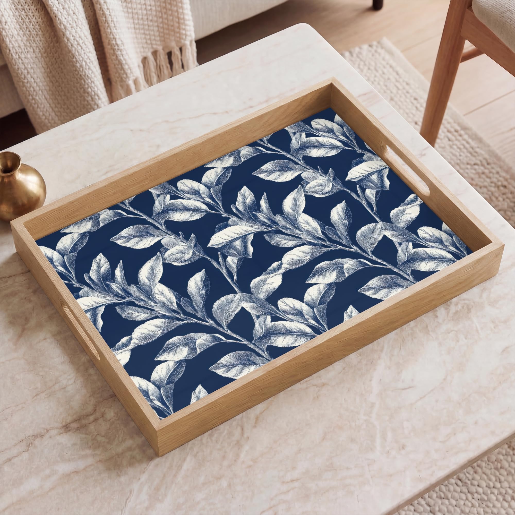 Bandejas Rectangular 50x35 cm Bandeja Cafe Decorativa para Servir Comida Resistente Al Calor De Madera Desayuno Cocina Tabuleiro Botánico - Patrón - Azul