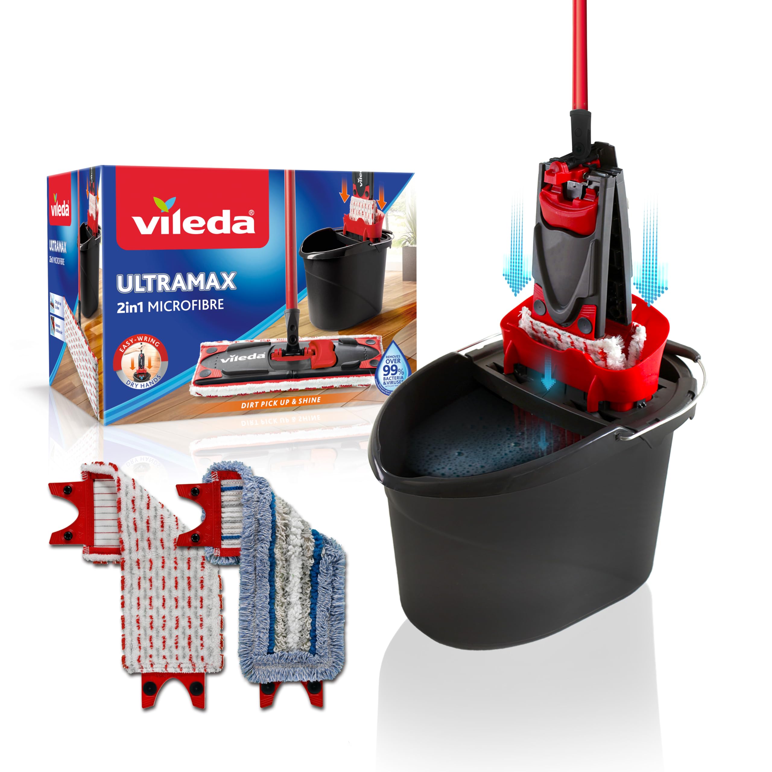 Vileda Ultramax Bodenwischer Komplett Set mit 2 Mikrofaserbezügen, 2in1 für alle Hartböden + Tiles Care Bezug speziell für Fliesen, Wischmopp Set mit Stiel und Eimer mit PowerPresse
