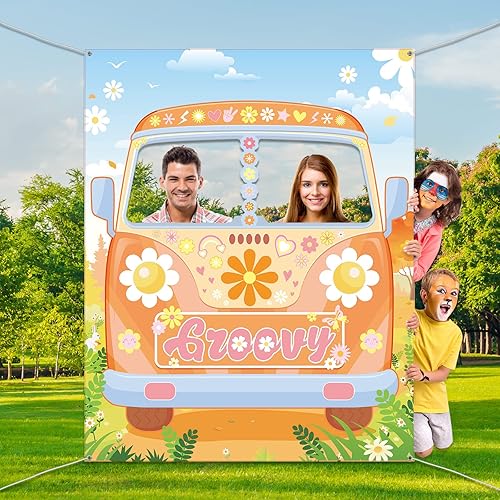 Miniatura 6 de Accesorio de fotos de autobús hippie, decoración de fiesta de cumpleaños genial, tela grande, cartel de puerta de autobús hippie, fondo divertido