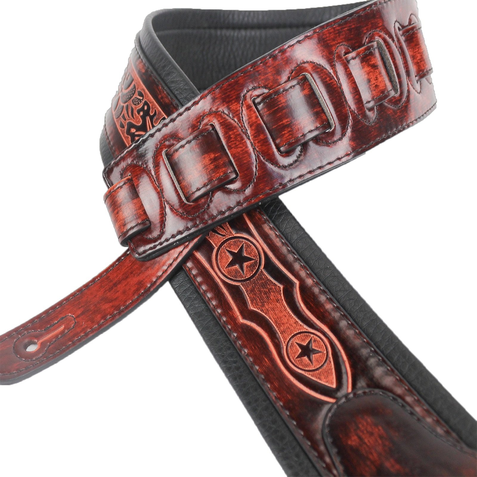 Walker & Williams GB-162 negro Cherry acolchada correa para guitarra con hojas de roble y Texas Star
