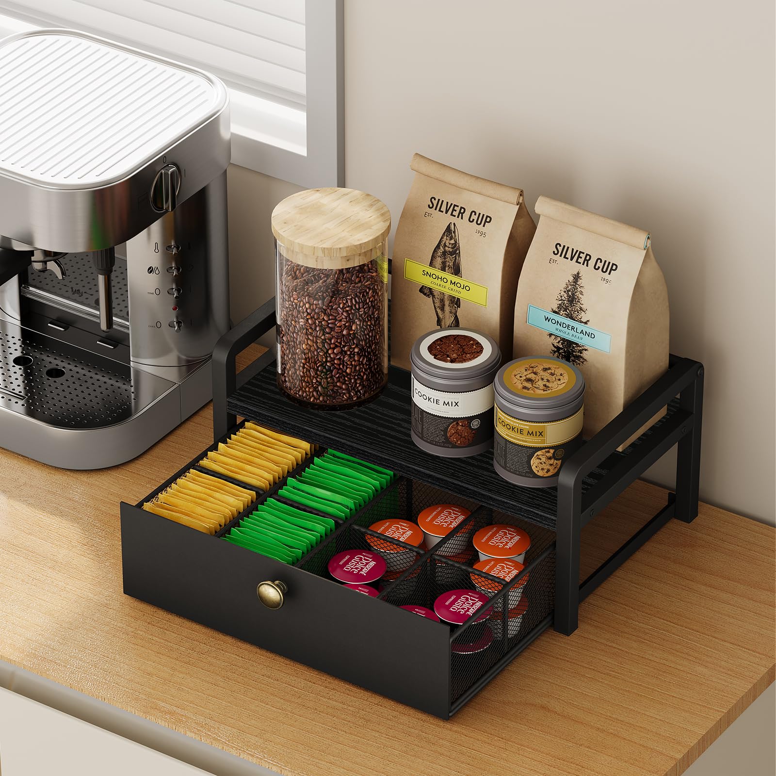 YINMIT Boîte de rangement pour sachets de thé, avec tiroir à 8 compartiments | Boîte à thé en bois et métal et coffre de rangement, organisateur de station à thé pour comptoir de cuisine, noir