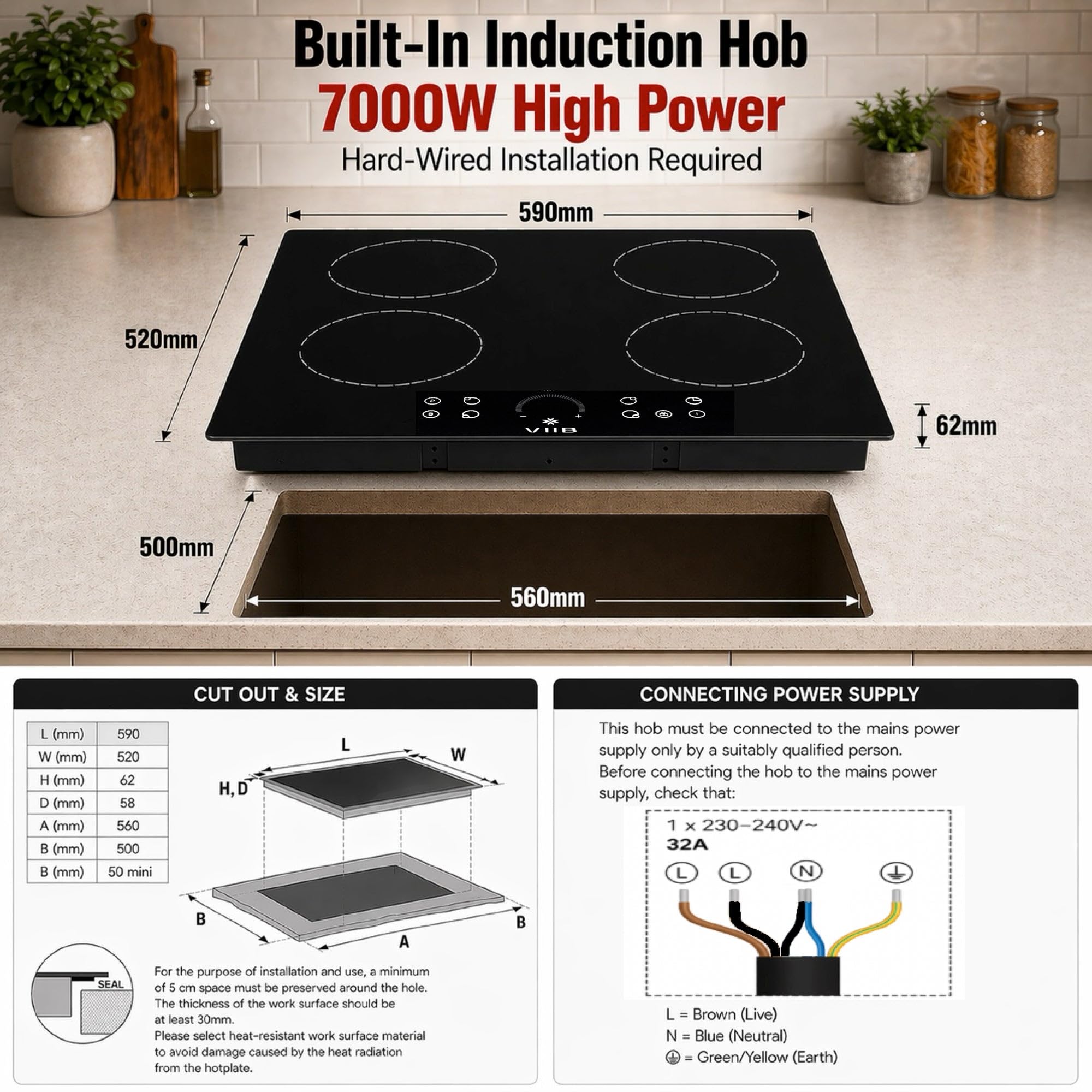 VIIB Induction Hob 60cm, 4 Zone Electric Cooktop, 7000W Built-In Hob, Hardwired Installation (No Plug), Touch Control, Booster, Timer, Child Lock, Auto Shut-Off, Black Glass – Star Burst Zone Design — view 2