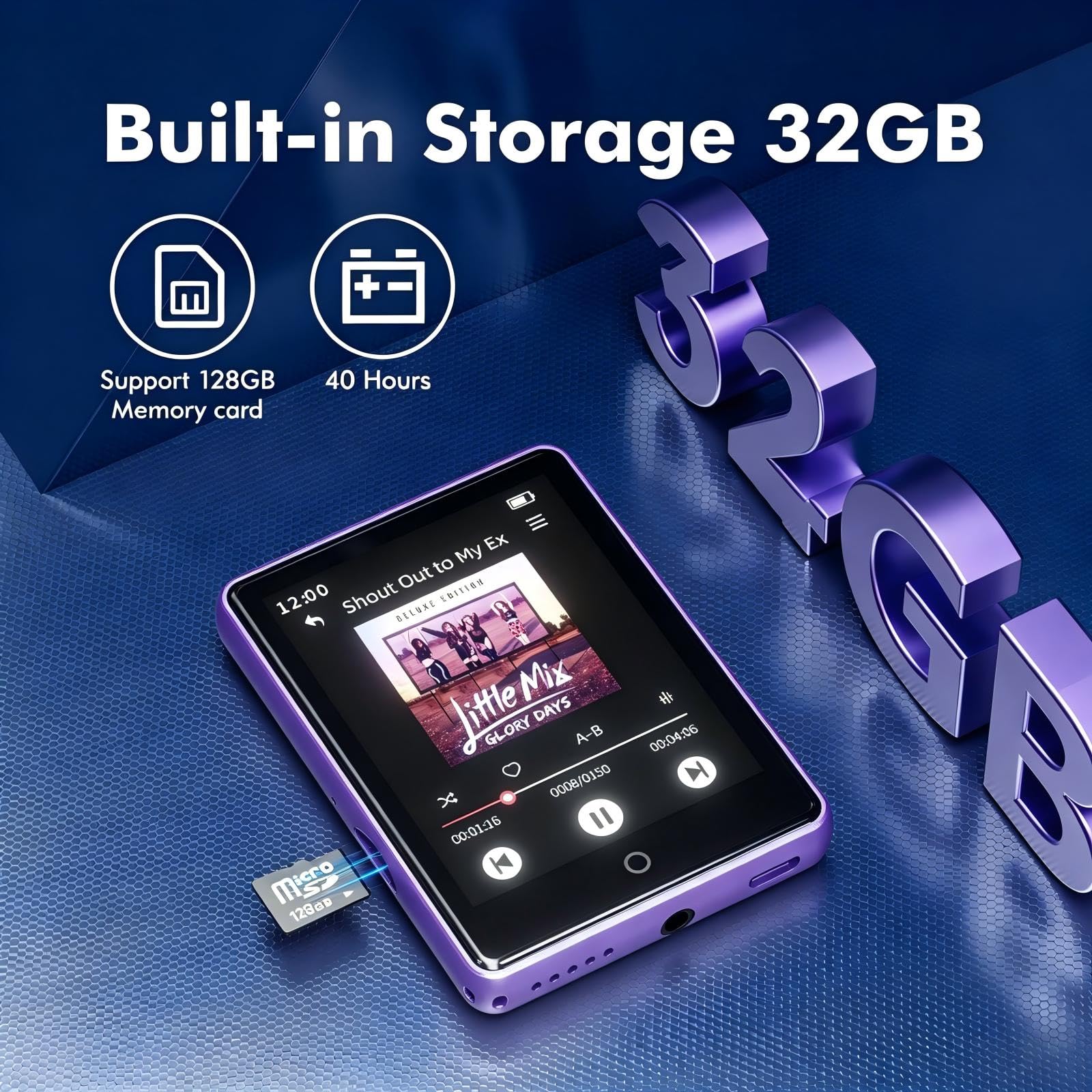 Lecteur MP3 32 Go avec Bluetooth 5.3 avec Haut-Parleur pour Enfants, qualité sonore HiFi, écran Tactile 2,8 Pouces, Radio FM, enregistreur Vocal, Prend en Charge Les Cartes TF jusqu'à 128 Go (Violet)