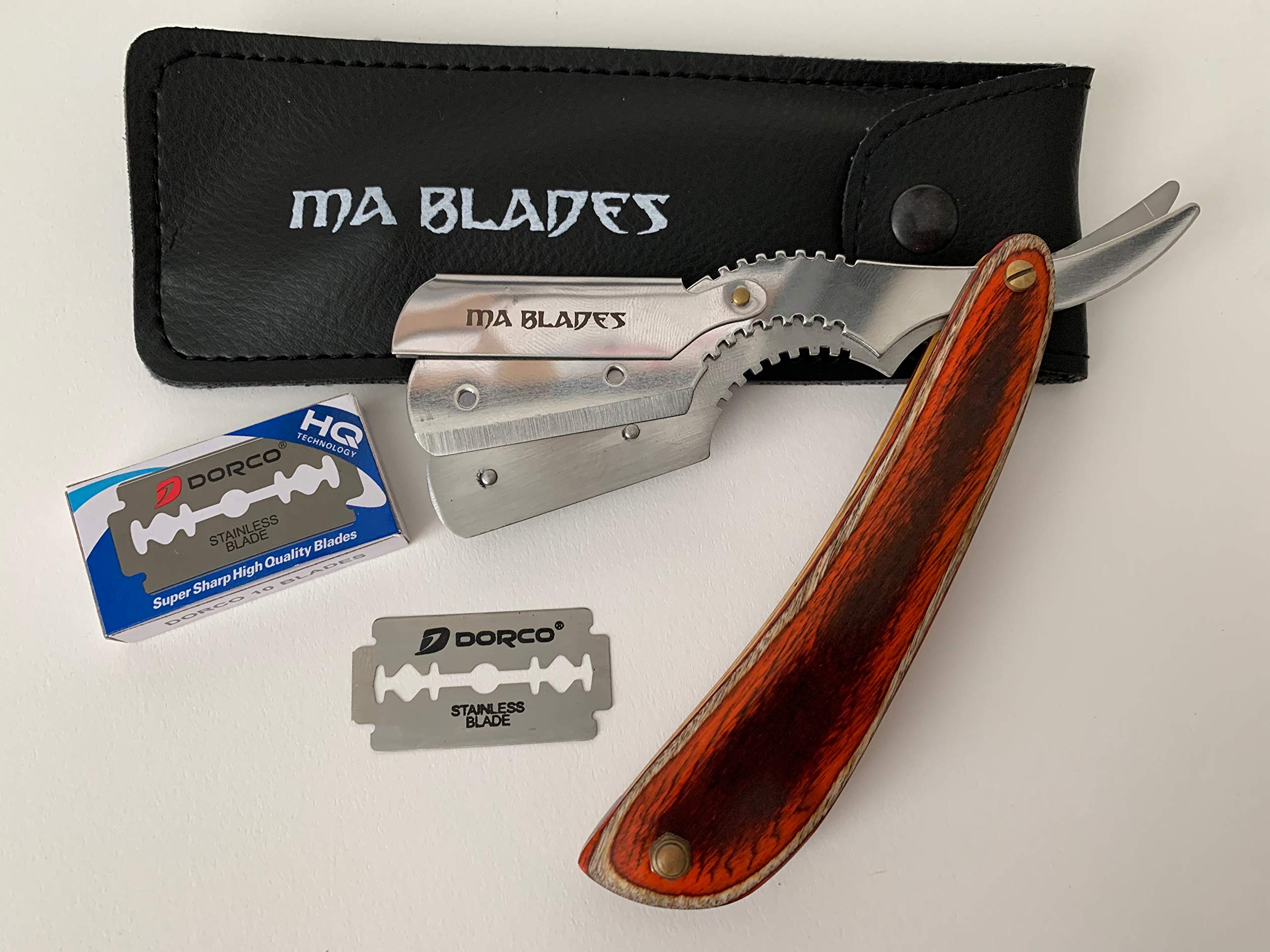 MA BLADES Brown Wooden Handle Professional Straight Razor with 20 Extra Disposable Blades