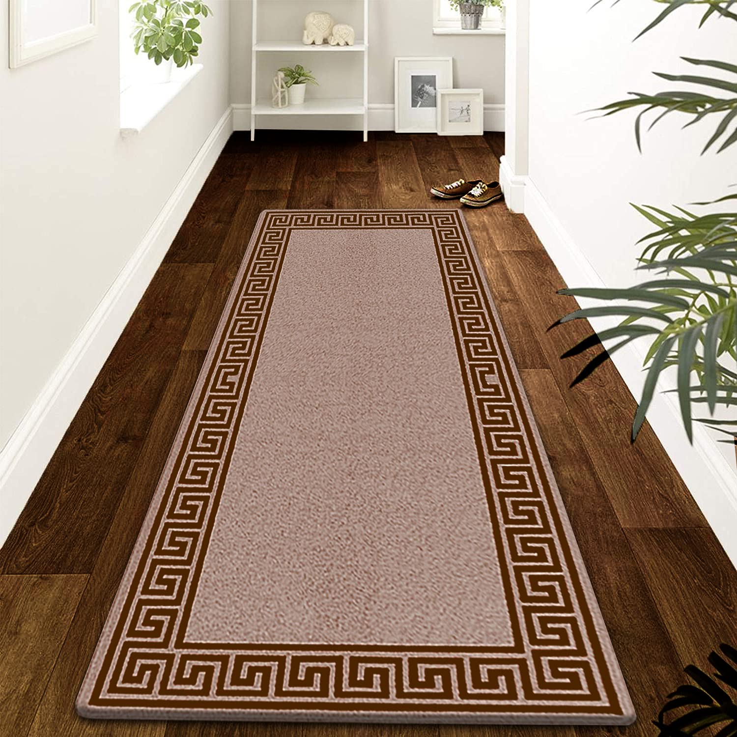 PHP Hallway Runners Kitchen Rugs Non-Slip Washable Door Mat | 66 x 220 cm Anti Fatigue, Entrance Large Anti-Slip Floor Mats Stair Carpets - Greeky - Beige&Brown, 66 x 220cm -XL Runner