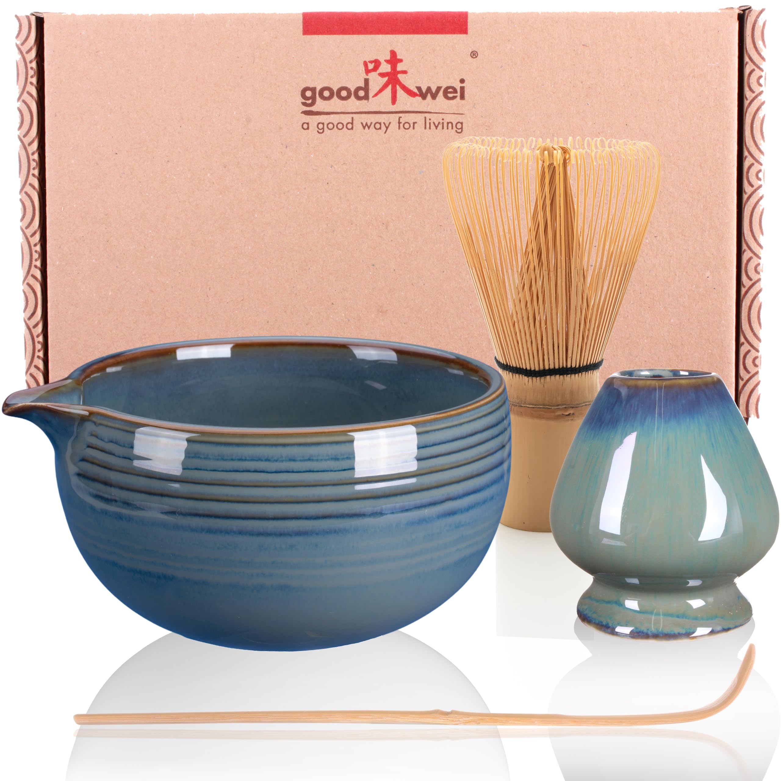 Set Thé Matcha Goodwei - Bol Chawan, Fouet Bambou, Support Céramique - Coffret Cadeau Blanc