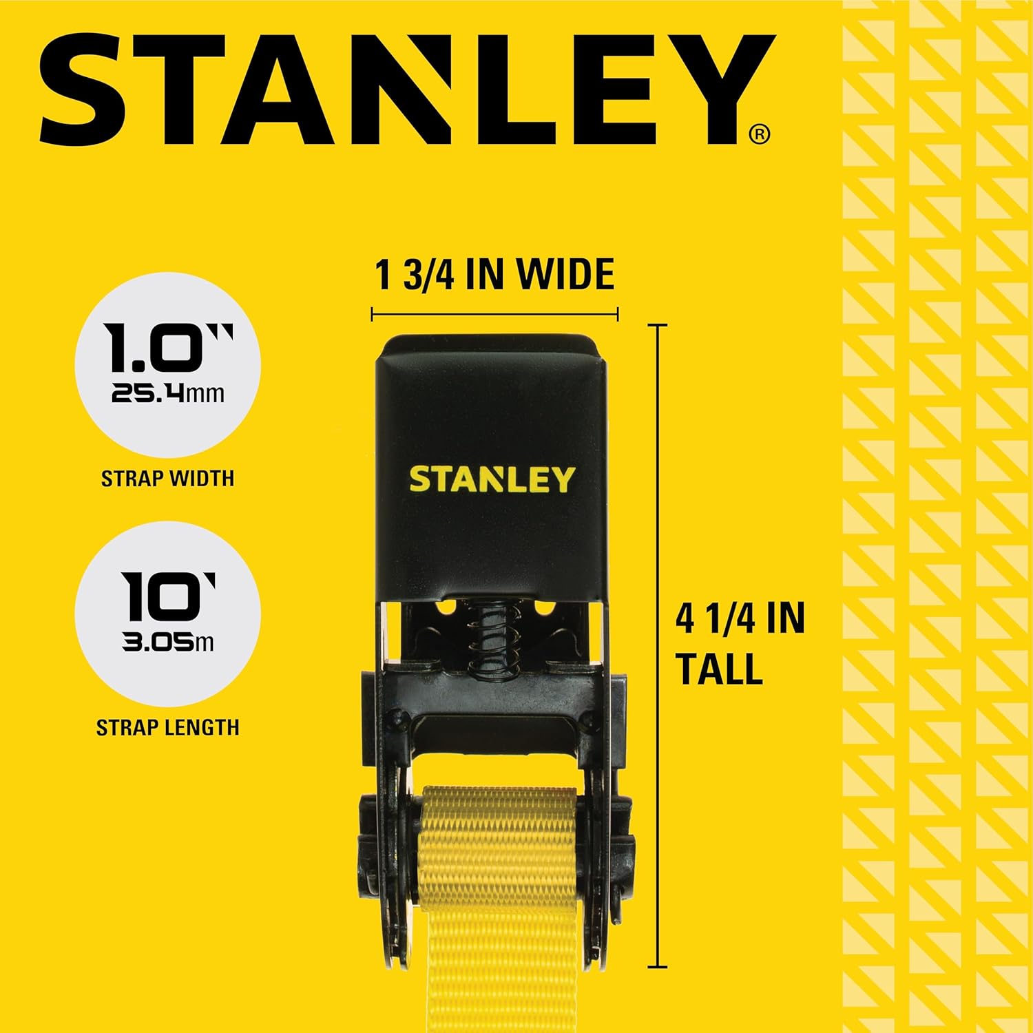 STANLEY S9500 Black/Yellow 1" x 10' Ratchet Straps - Light Cargo (300 lb Working Load / 900 lb Break Strength), 4 Pack - Image 7