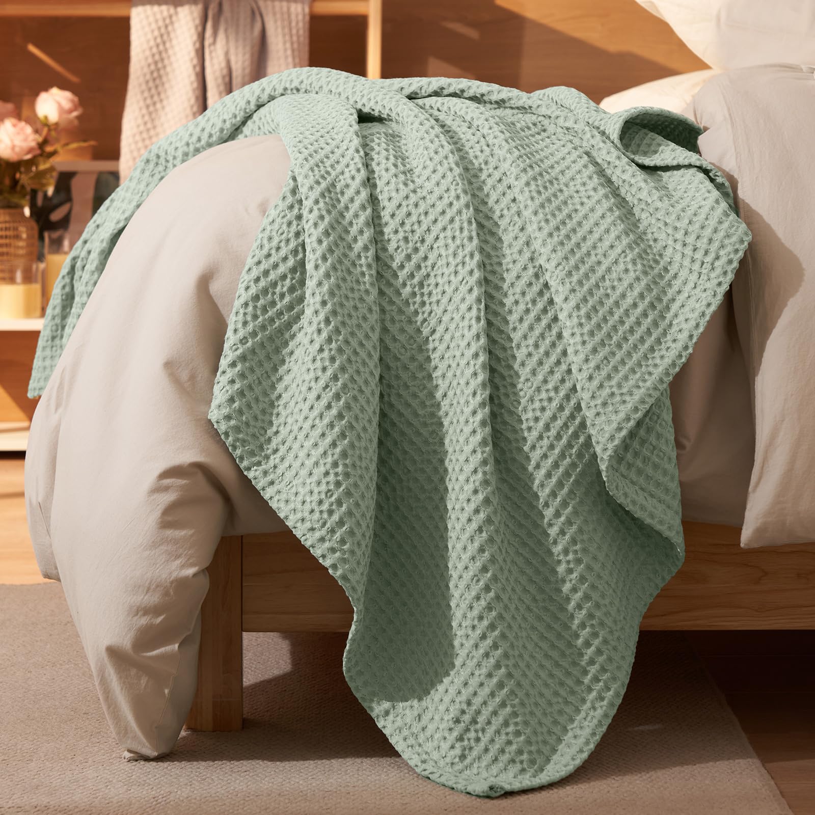 PHF Ultra Soft Waffle Weave Throw Blanket 50"x 60"- Washed Lightweight Breathable Cozy Woven Blanket for Bed - Aesthetic Decor for Couch Bedding Sofa Home Car - Sage Green/Mint Green
