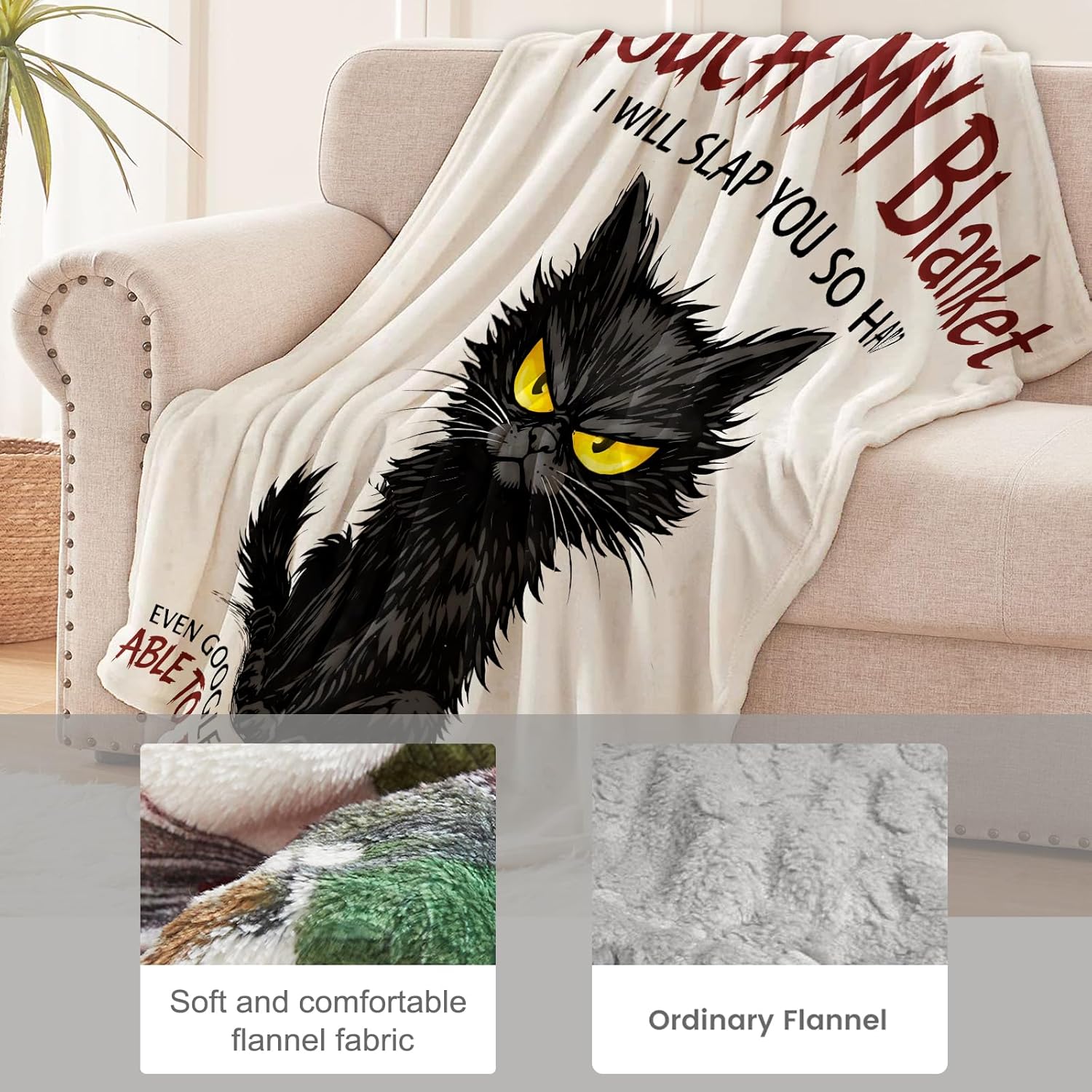 Funny Cat Blanket for Pet Lovers and Adults, Grumpy Humor Cartoon Flannel Blankets, Soft Warm Cozy Throws for Sofa Couch Bed Living Room Bedroom Home Decor 60" x 50"