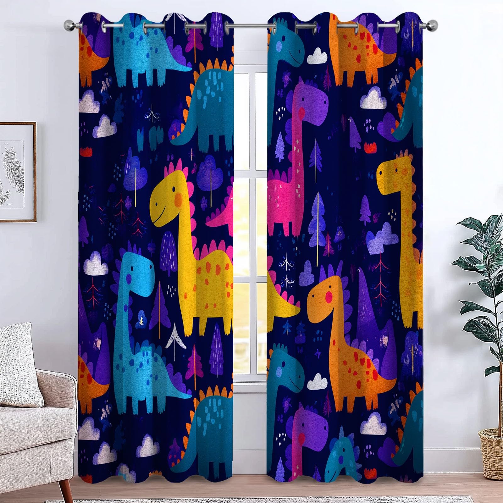 Rideau Occultant Thermiques Enfant Motif Dinosaure Mignon Cartoon 140 x 245 cm Lot de 2 Rideaux Imprimé pour Salon Fenetre Cuisine Décoration, Rideaux et Draperies Intérieurs à Oeillets, Couleur