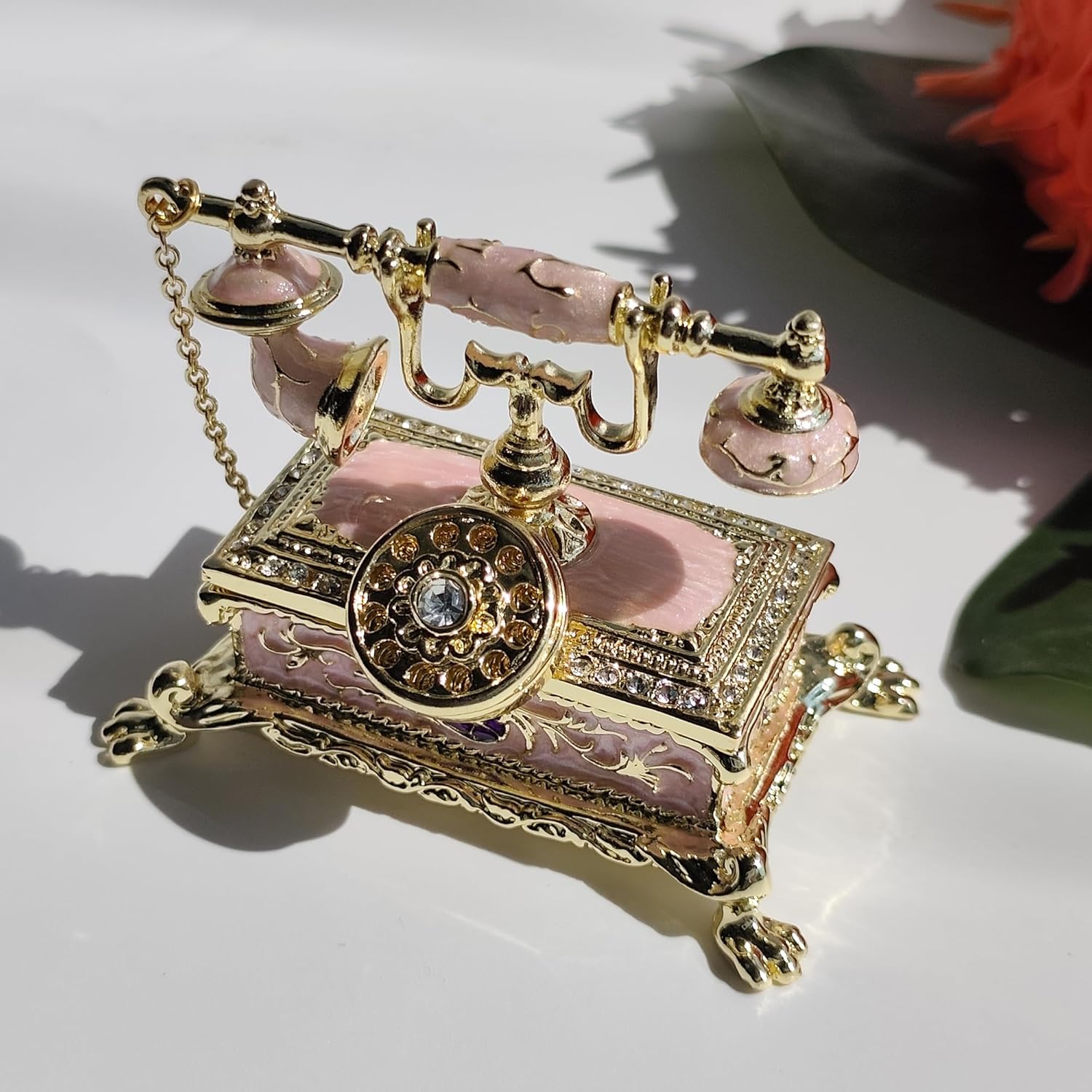 Enamel Vintage Retro Telephone Trinket Jewelry Box Retro Telephone Tabletop Ornament & Jewelry Organizer Decorative Treasure Box Pink