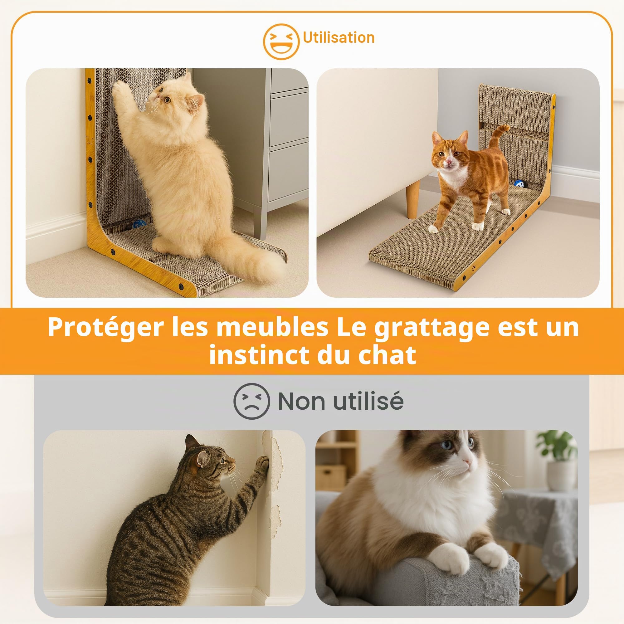 Griffoir pour Chat - Grattoir Chat 70 cm en Forme de L avec Jouet - Tapis à Griffes en Carton Ondulé Haute Densité - pour Mur et Canapé