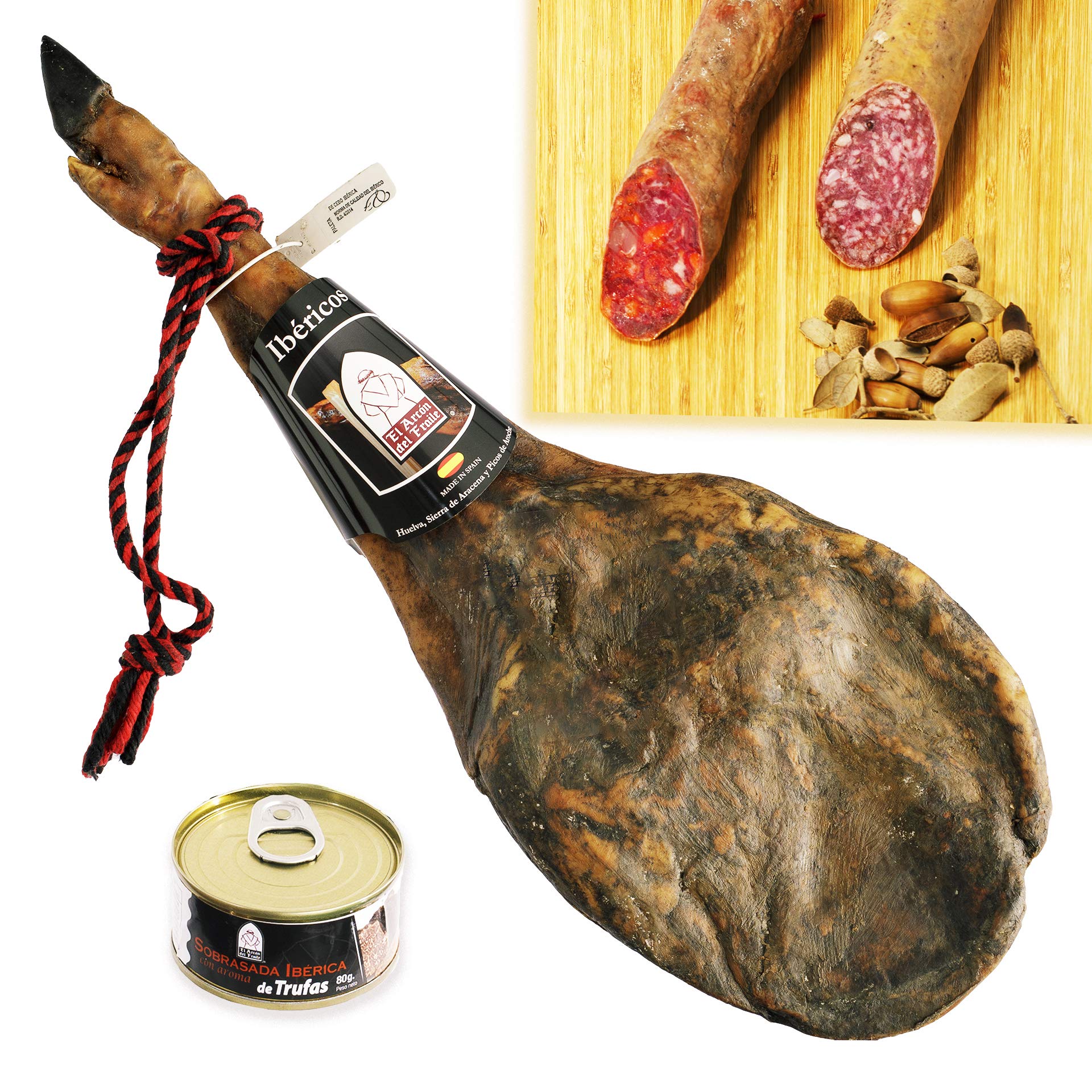El Arcón del Fraile – Paleta Ibérica de Cebo 4,5-5Kg Jabugo – Pack Gourmet con Chorizo, Salchichón de Bellota y Sobrasada – Embutidos Ibéricos Premium