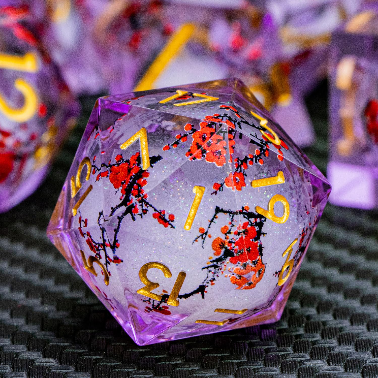 ARUOHHA DND Resin Dice Plum Blossom Liquid Core Golden Purple Sharp Edge Polyhedral Dice Set with Gift Box, Compatible with Dungeons Dragons Role Playing Game D and D Dice Set D20 D12 D10 D6