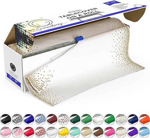 Grandipity Rollo de Mantel de Plástico - 54 pulgadas x 100 pies. Manteles de Mesa de Plástico con Puntos Dorados para Fiestas Desechables con Caja