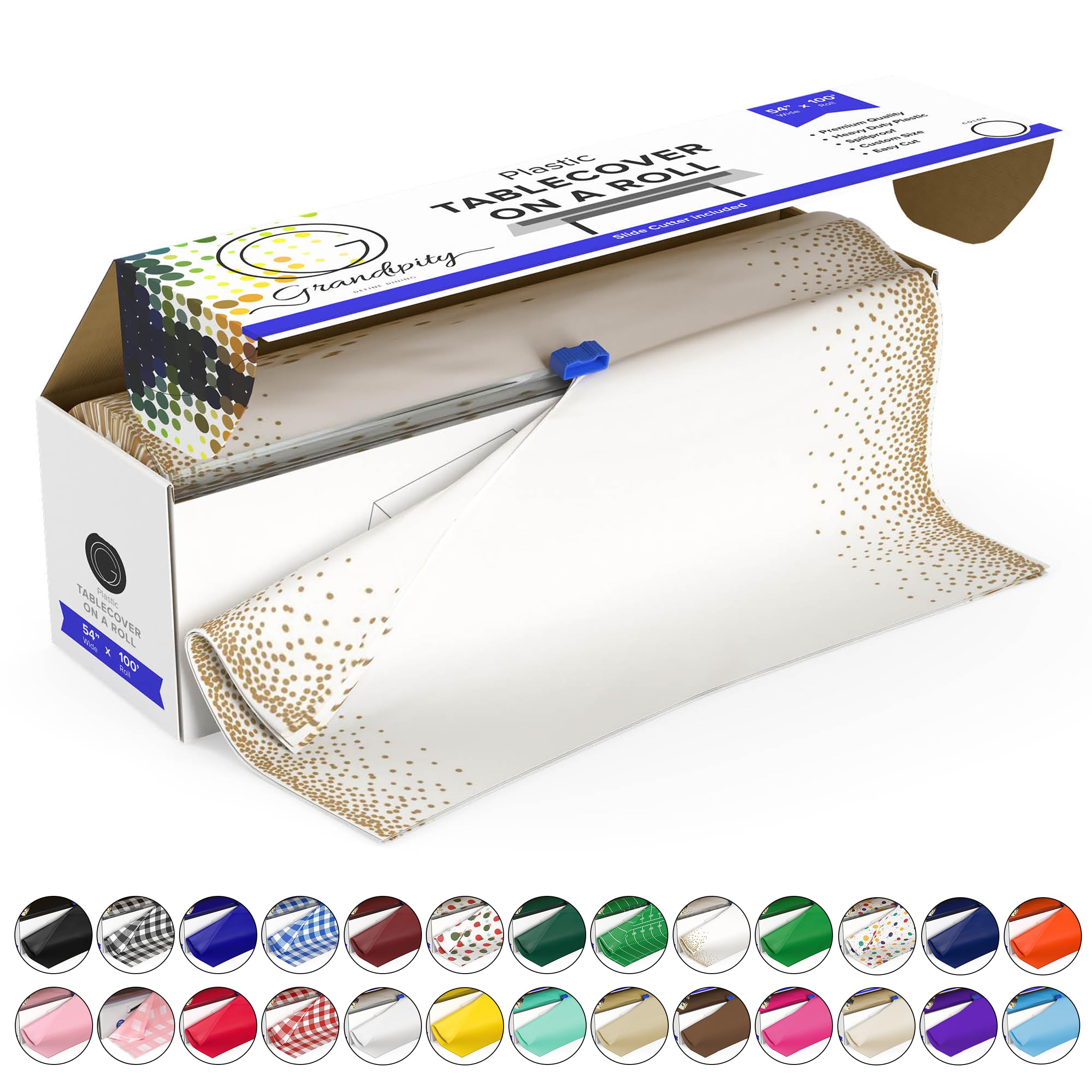 Grandipity Plastic Tablecloth Roll - 54in x 100 Ft. Gold Dots Plastic Table Cloths for Parties Disposable with Cutter Box - Cut to Size Disposable