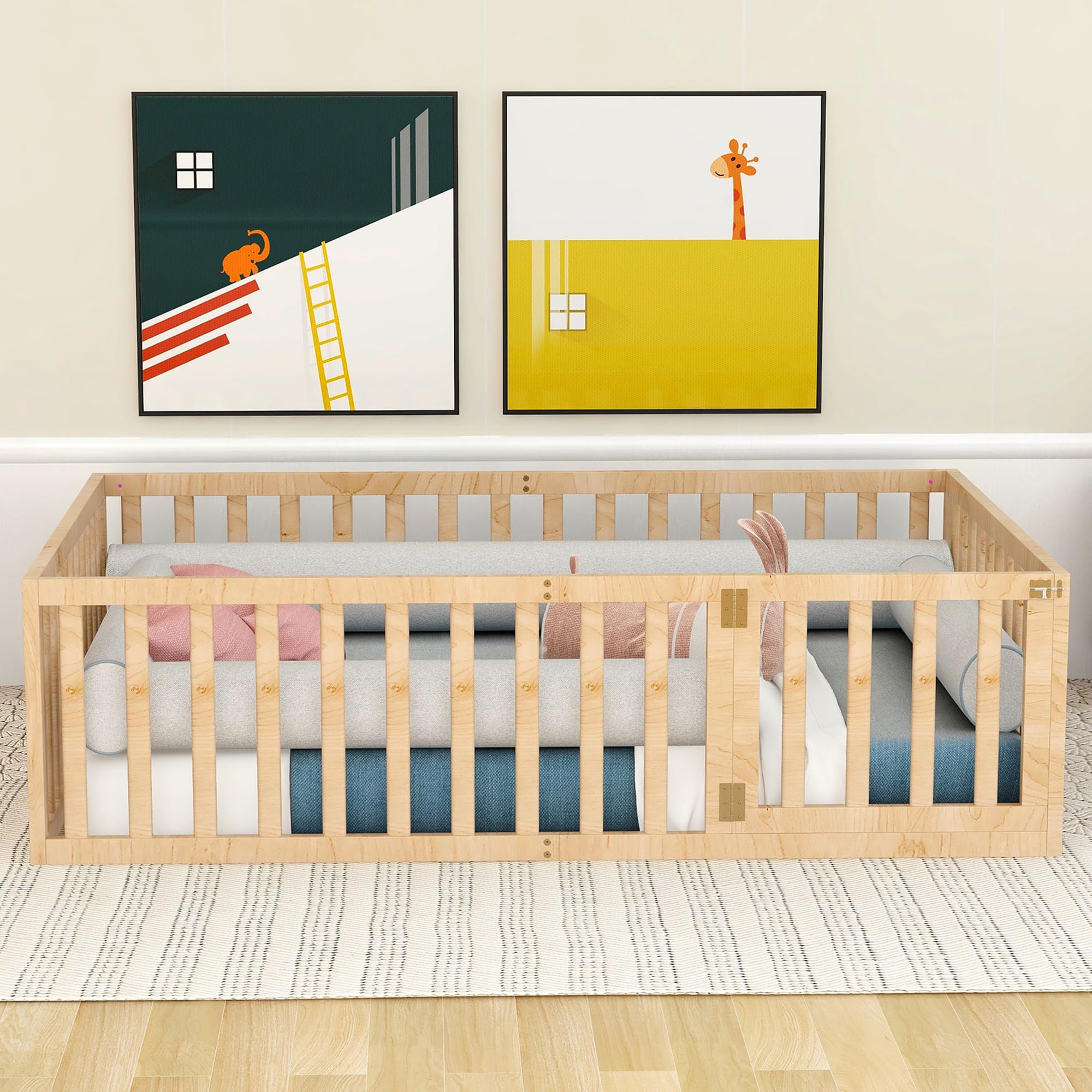Queen Floor Bed with High Fence and Door, Wood Montessori Floor Bed with Rails, Cute Montessori Bed Queen Size, Natural