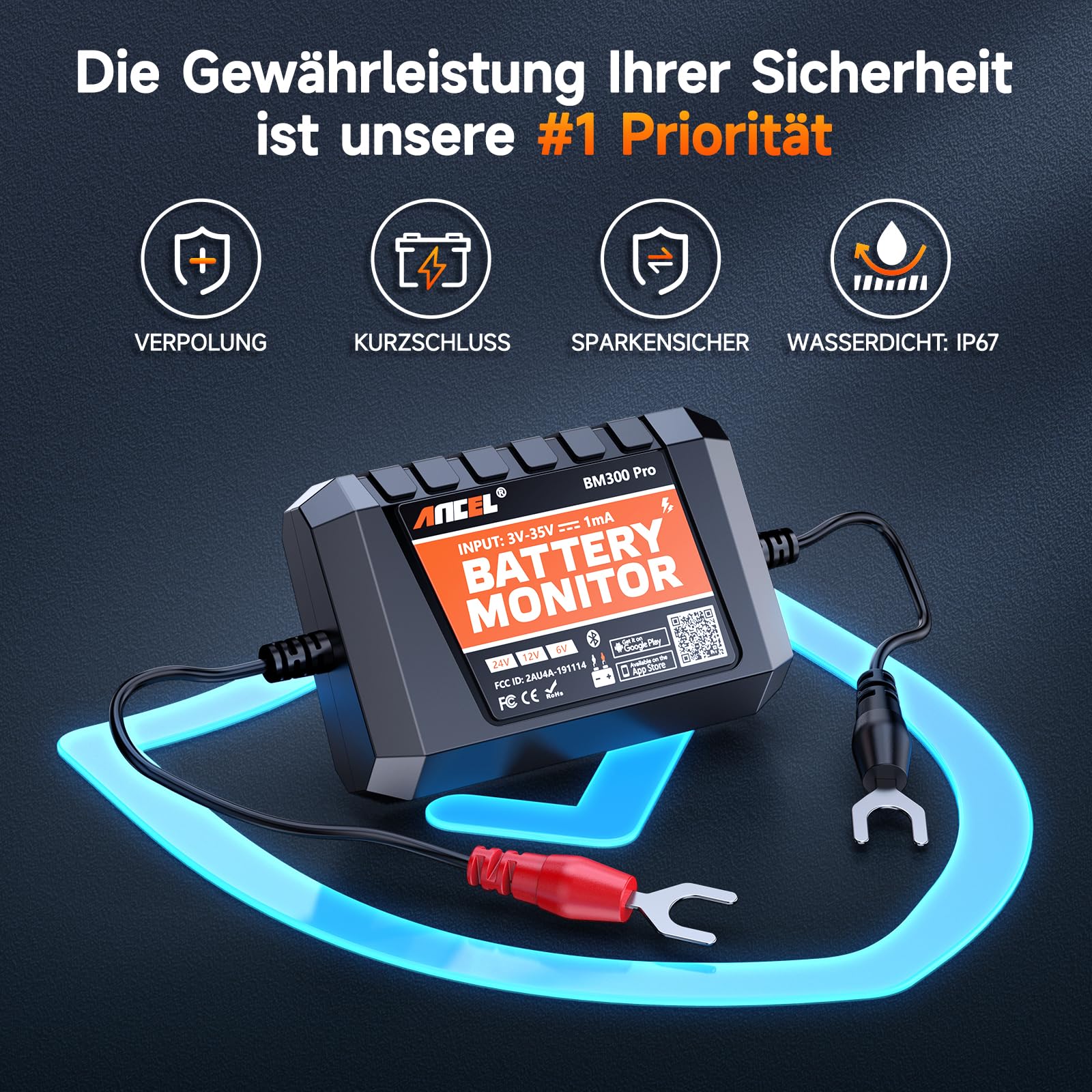 ANCEL BM300Pro Batteriewächter 6V/12V/24V Bluetooth5.3 Batterie Überwachung | Batteriemonitor KFZ Batterietester mit Lade-/Starttest, Alarm, IP67 Wasserdicht für LKW Auto Motorrad LiFePO4&leibatterien