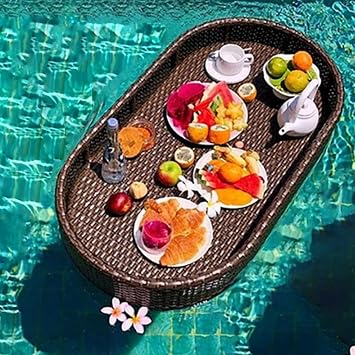 Floating Tray Wood Ratten Floating Pool Tray Stylish Breakfast Food Serving Tray on The Water for Swimming Pool Party,Brown
