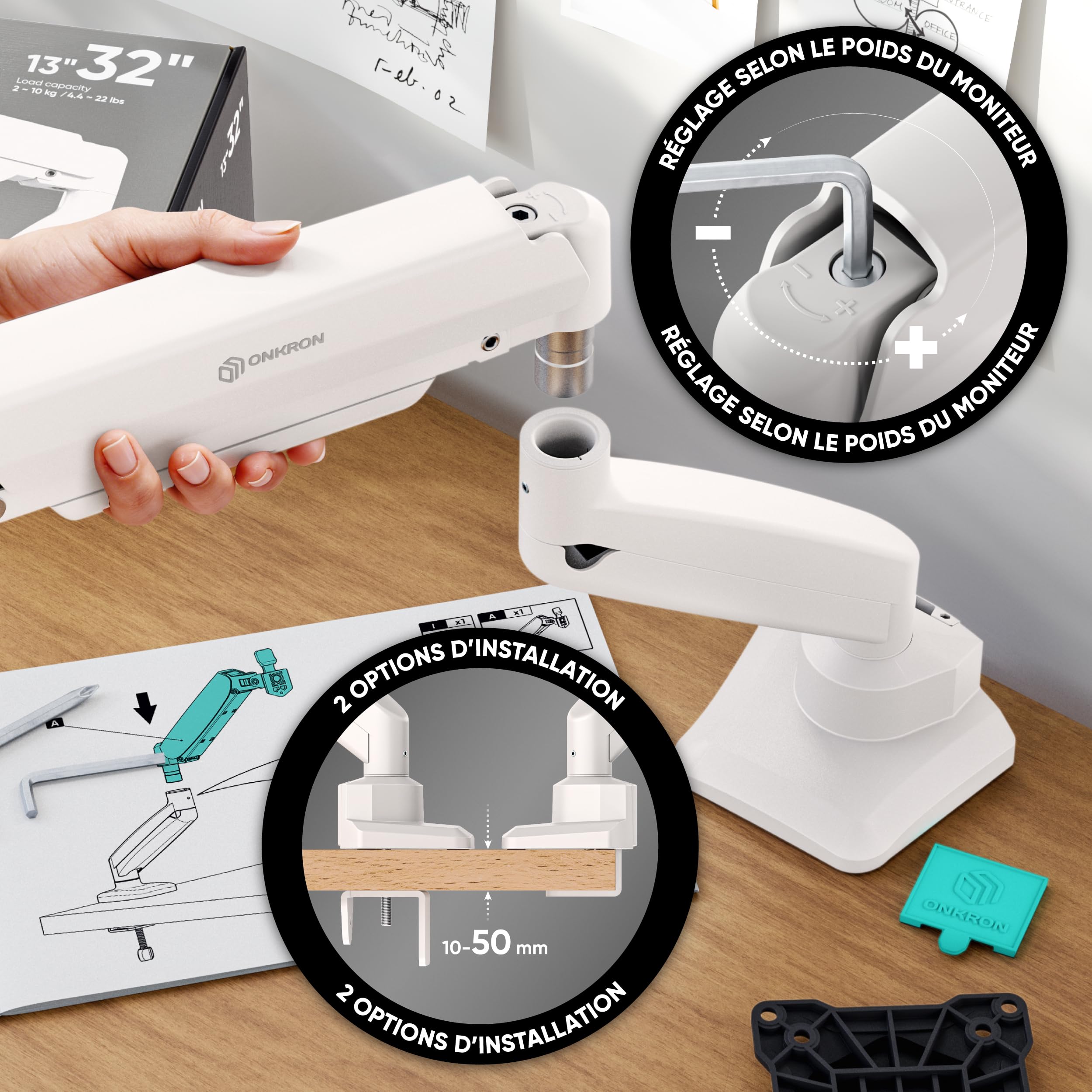 ONKRON Support Ecran PC Bras Articulé 13-32 Pouces 10 kg VESA 75x100 Blanc G80-BW