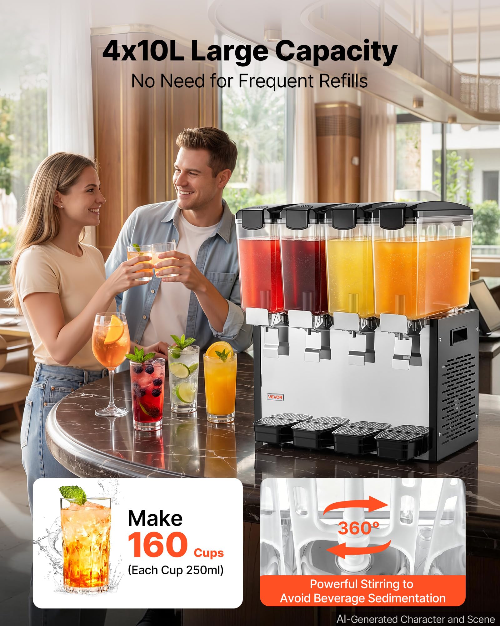 VEVOR Distributeur de Boissons Réfrigérées 4x10 L Fontaine à Jus de Fruits