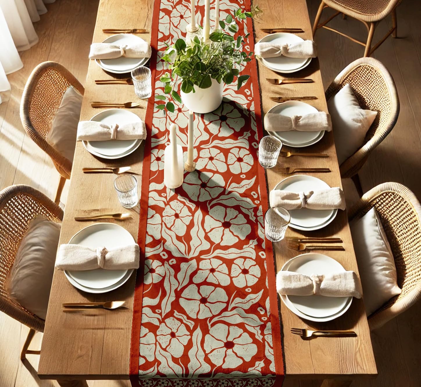 100% Cotton Table Runner - Double Layered with Side Borders - Table Linen - Floral Print for Dining, Console & Coffee Tables