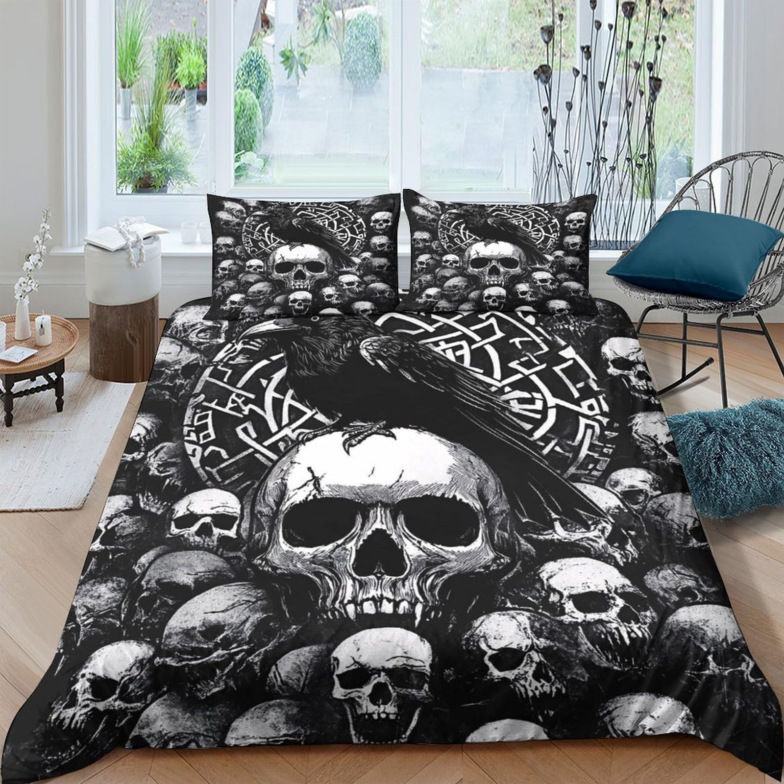 Ctjqhvkz Style-8 3D Printed Skull Raven Fitted Sheet Microfiber Soft Gothic Crow Bed Cover For Bedroom Dorm Mattress Decor Single（135X200cm）