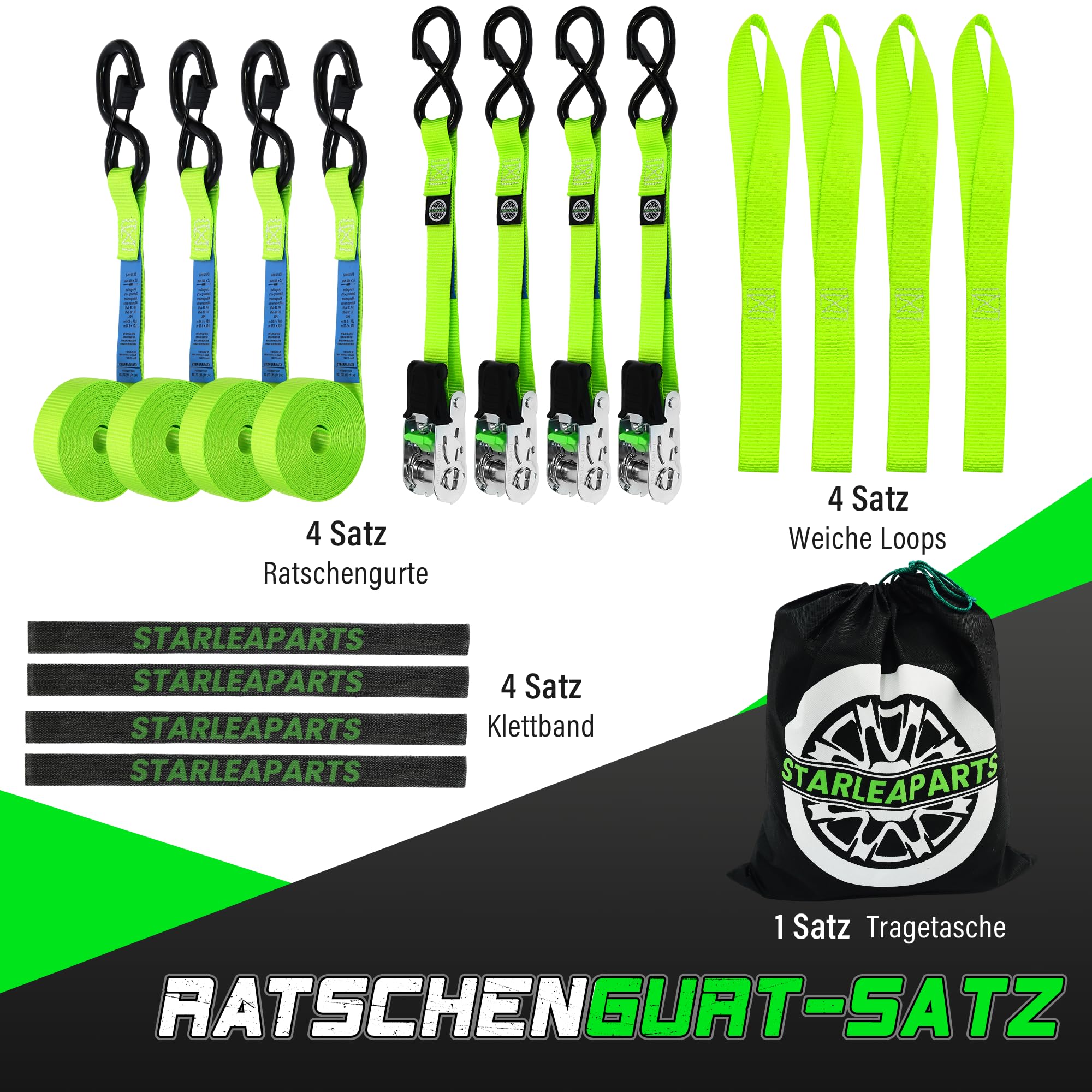 StarLeaparts Spanngurte mit Ratsche 4 Stück, 900kg Bruchfestigkeit - 25mm x 4m Zurrgurte mit Ratschen Satz, Spanngurte mit Haken für Motorrad, Umzugsgeräte und Fracht, Grün