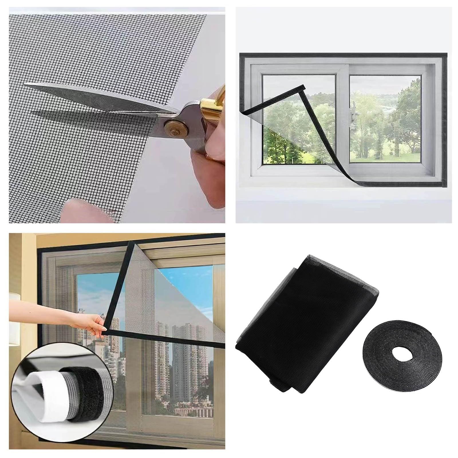 Mosquito Net for Window, Magnetic Adjustable Mesh Curtain, DIY Self-Adhesive Mosquito Net, Nylon Fine Mesh Screen Protector for Windows Doors and Patio Screens (Black-6pc)