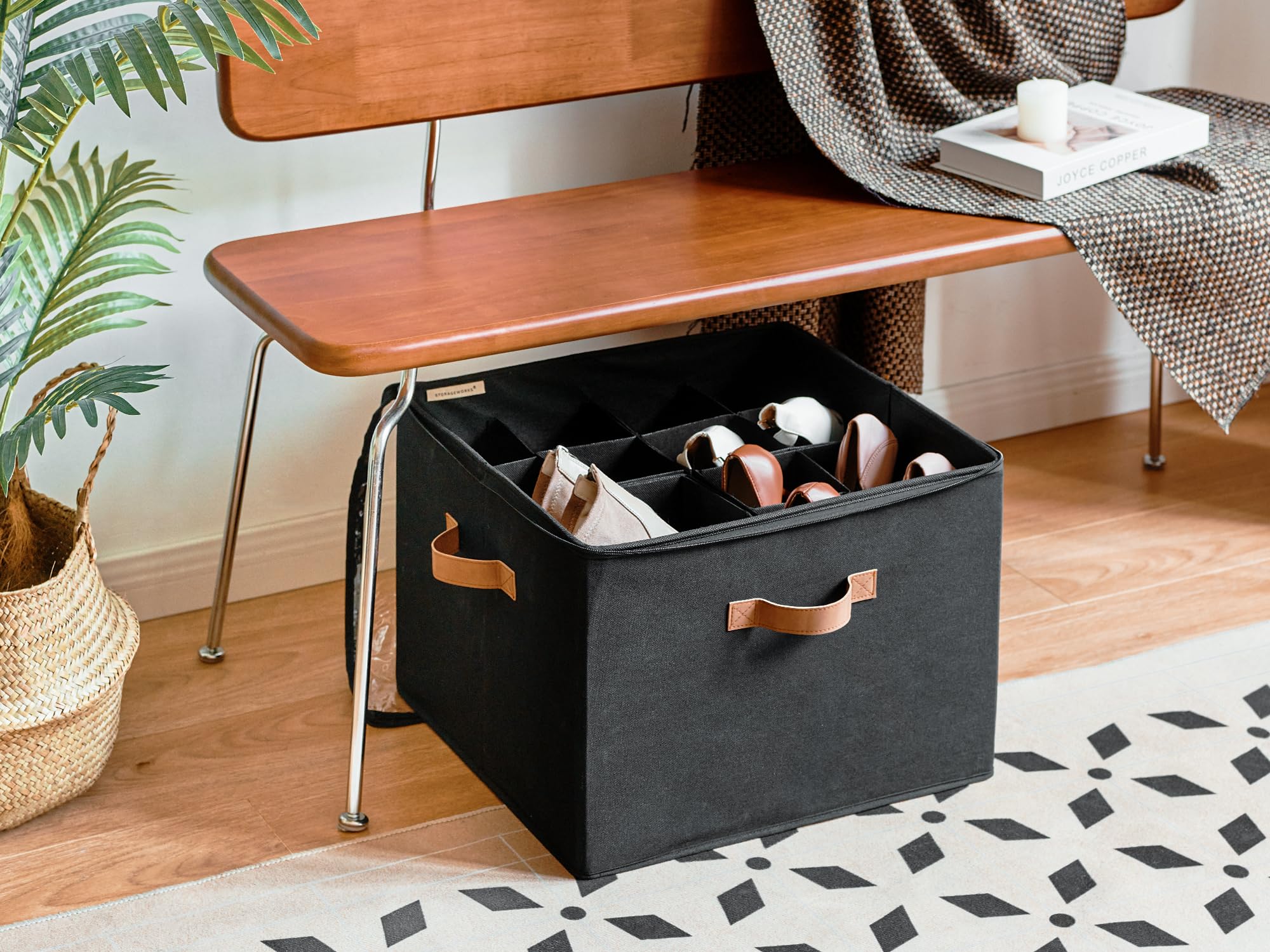 StorageWorks Fabric Shoe Organizer For Closet, Shoe Storage Bins With Clear Cover And Fixed Dividers Beige 1 Pack