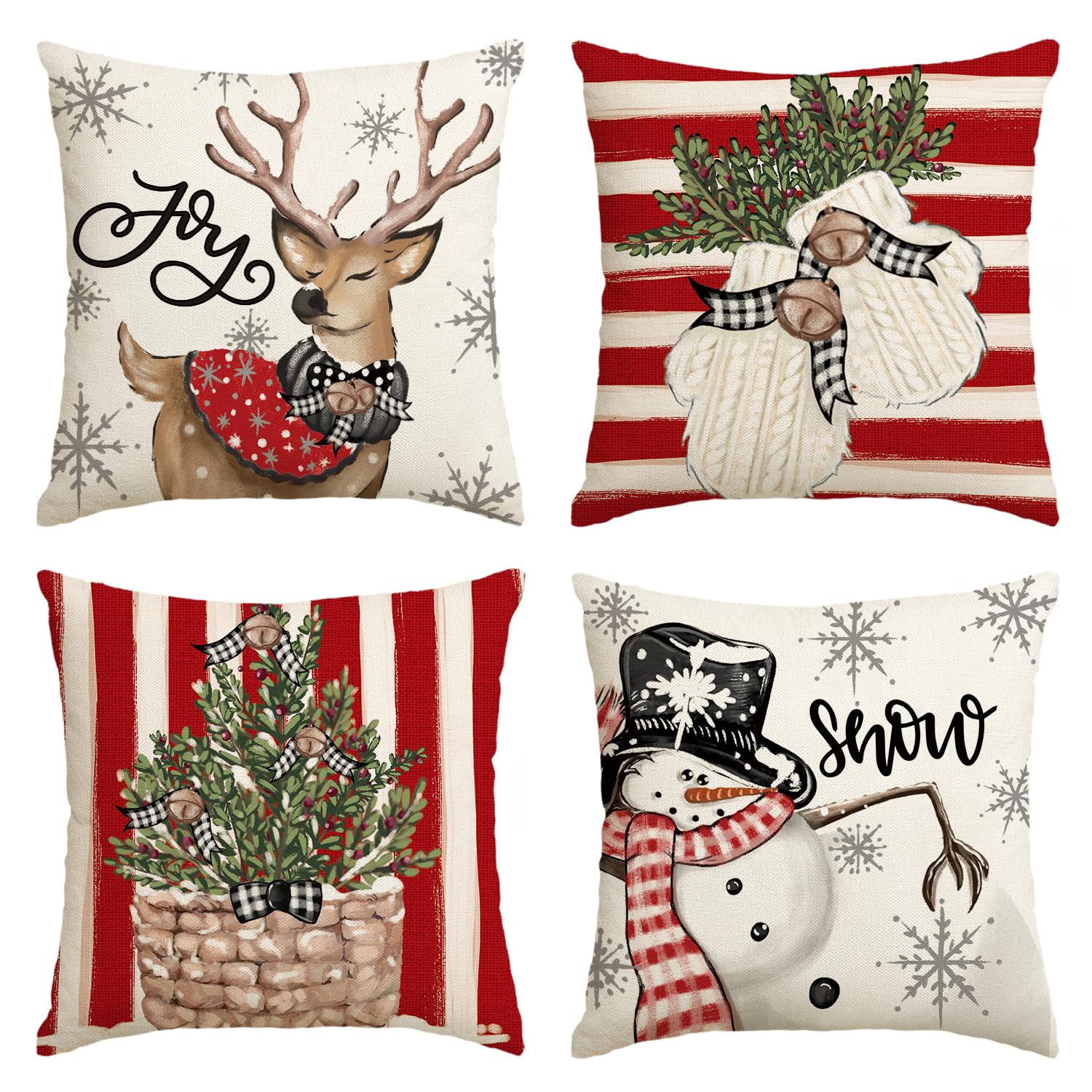 Artoid Mode Set of 4 Snowman Throw Pillow Covers Decorative Cushion Covers for Couch Sofa Throw Pillow Case Snow Reindeer 18x18 Inch 45x45cm Red