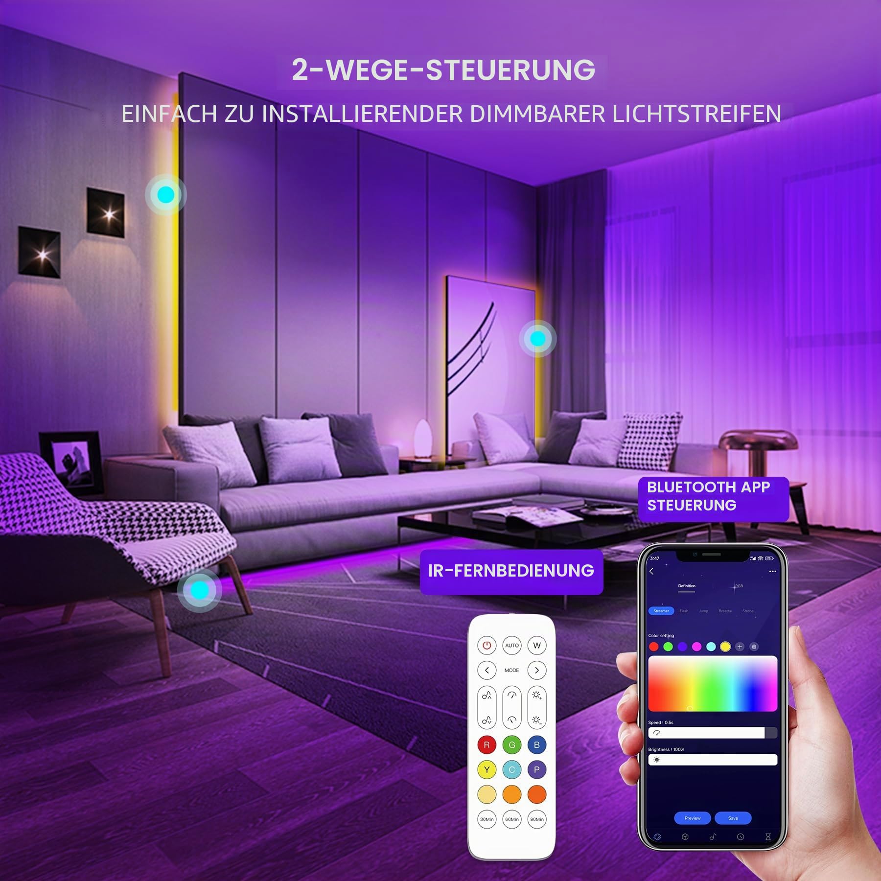 RGB+IC COB LED Streifen 3M, DC24V mit Fernbedienung und Adapter, Silikon LED Seilleuchte, intelligente App Steuerung, Musik Synchronisation für Gaming, Schlafzimmer und Wohnzimmerdekoration