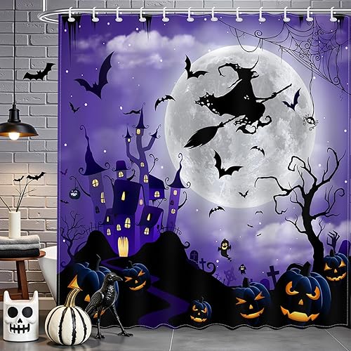 Miniatura 2 de Mocsicka Cortina de ducha de Halloween, castillo de terror, bruja, bosque brumoso, calabaza, cementerio, cortina de ducha de baño, cortina de ducha