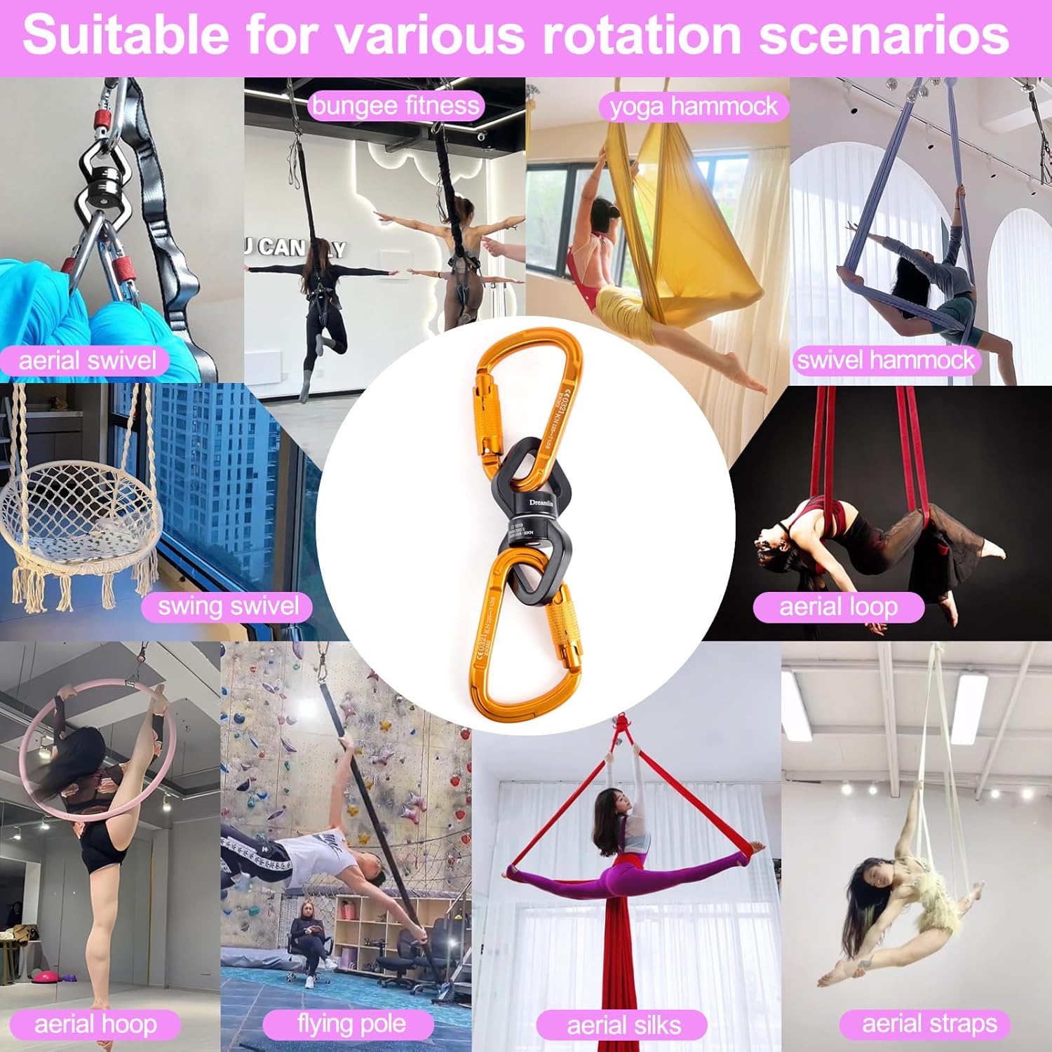 Aerial Silks Hardware Kit 30 KN Swing Swivel Aerial Yoga Hammock Rigging Aluminum Swivel Aerial Hoop Lyra Rotational Device Hanging Accessory