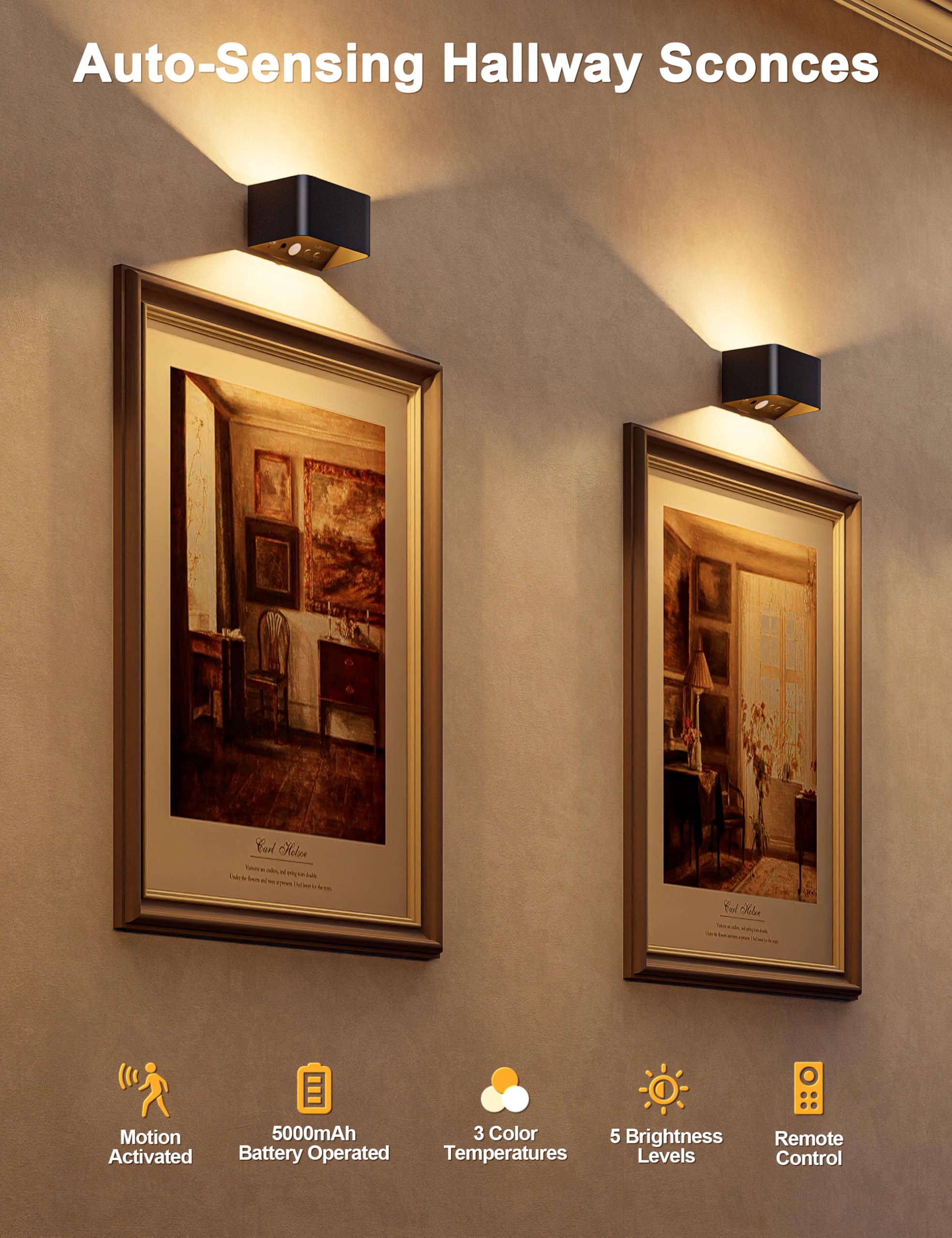 NIORSUN Wandleuchte Innen Akku mit Bewegungssensor, Wandlampe Akku mit Fernbedienung, 3 Farben Wiederaufladbare LED Wandlampe Batteriebetrieben, 5000mAh Wandlicht für Schlafzimmer, Wohnzimmer Black