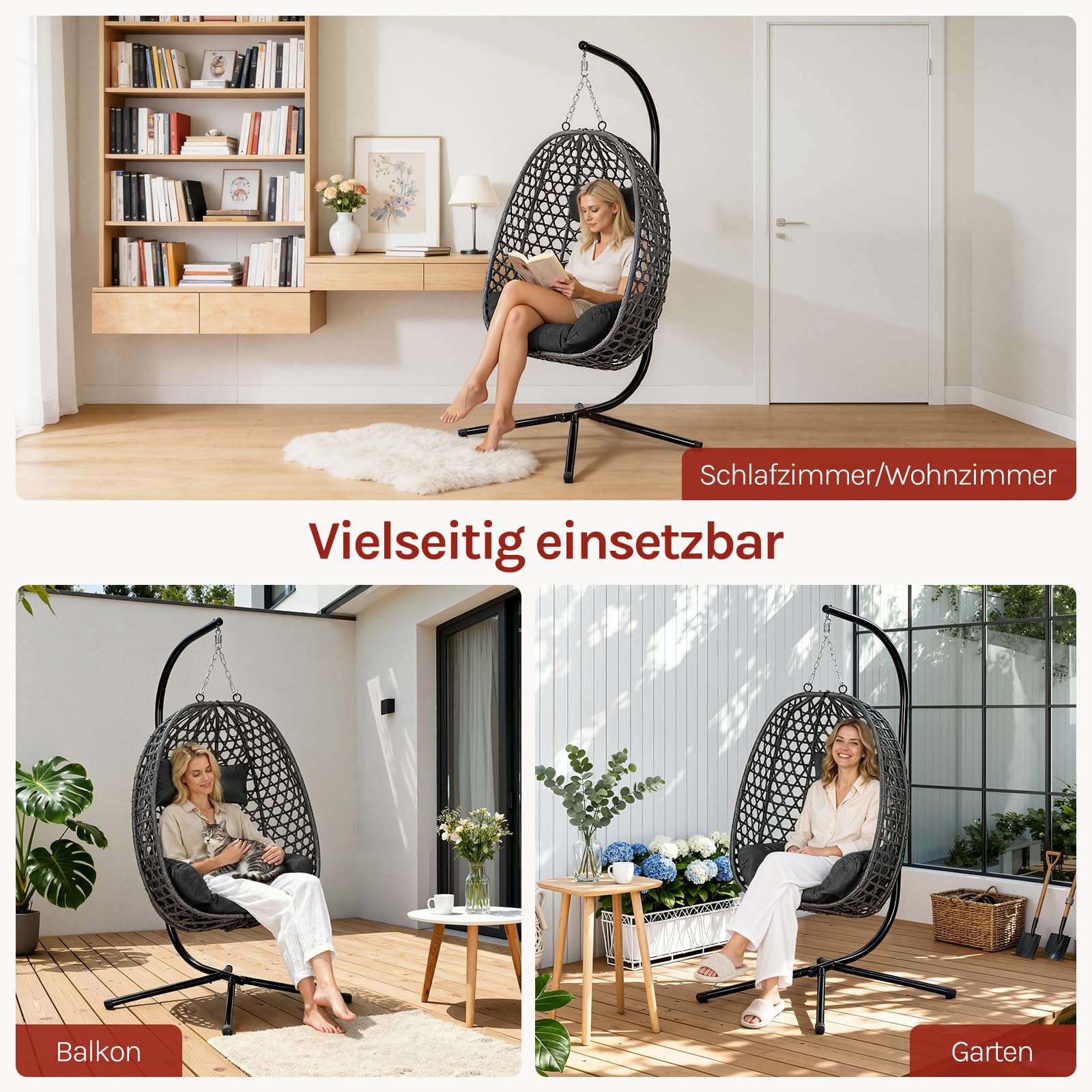 WOLTU Hängesessel mit Gestell, bis 150 kg belastbar, PE-Rattan Hängestuhl, mit Sitzkissen und Kopfstütze, für Indoor und Outdoor, Schwarz