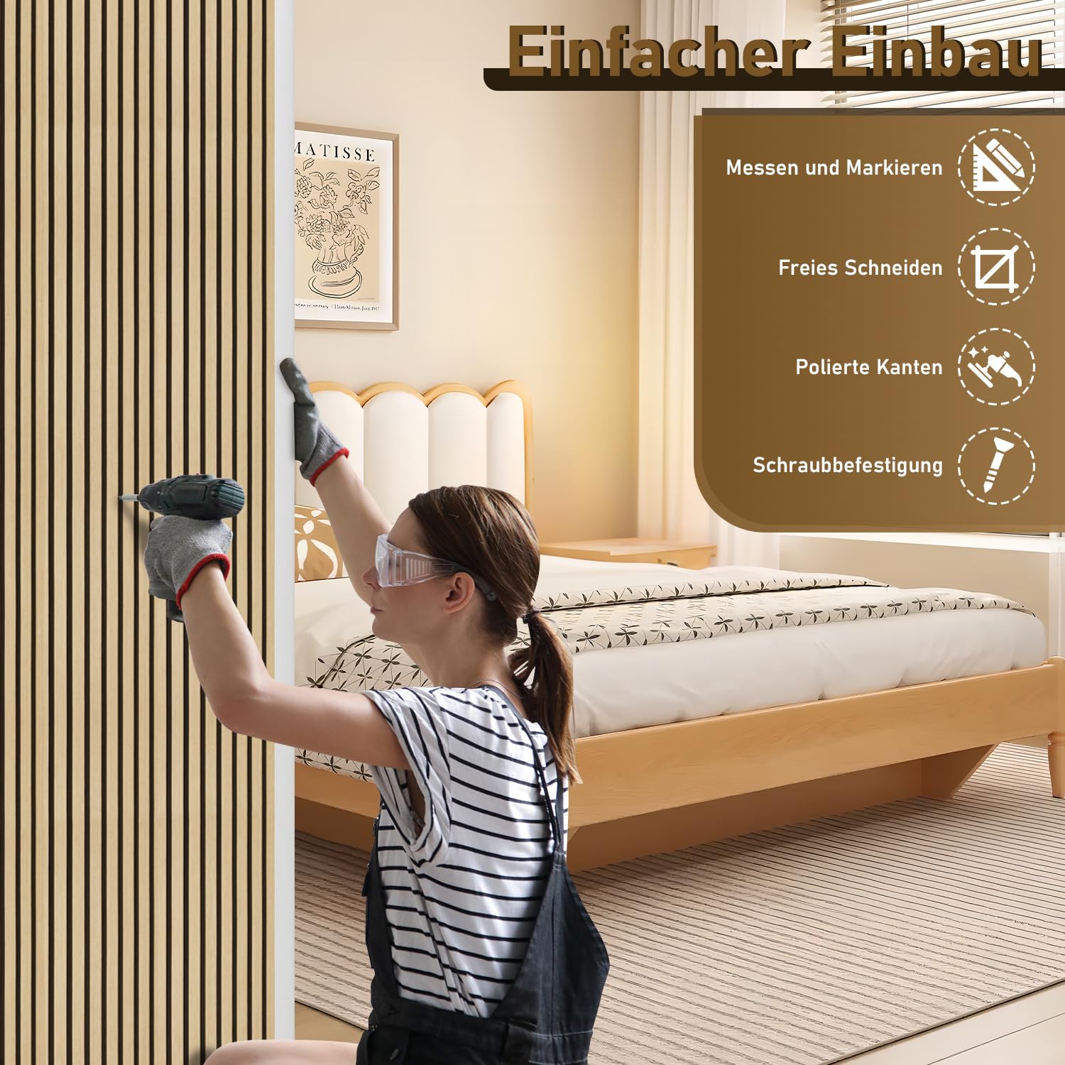 Drewniane panele akustyczne 120 x 60 cm (= 1 sztuka), panele ścienne 3D o wyglądzie drewna, dla lepszej akustyki pomieszczenia, panele ścienne z drewna do biura, dąb