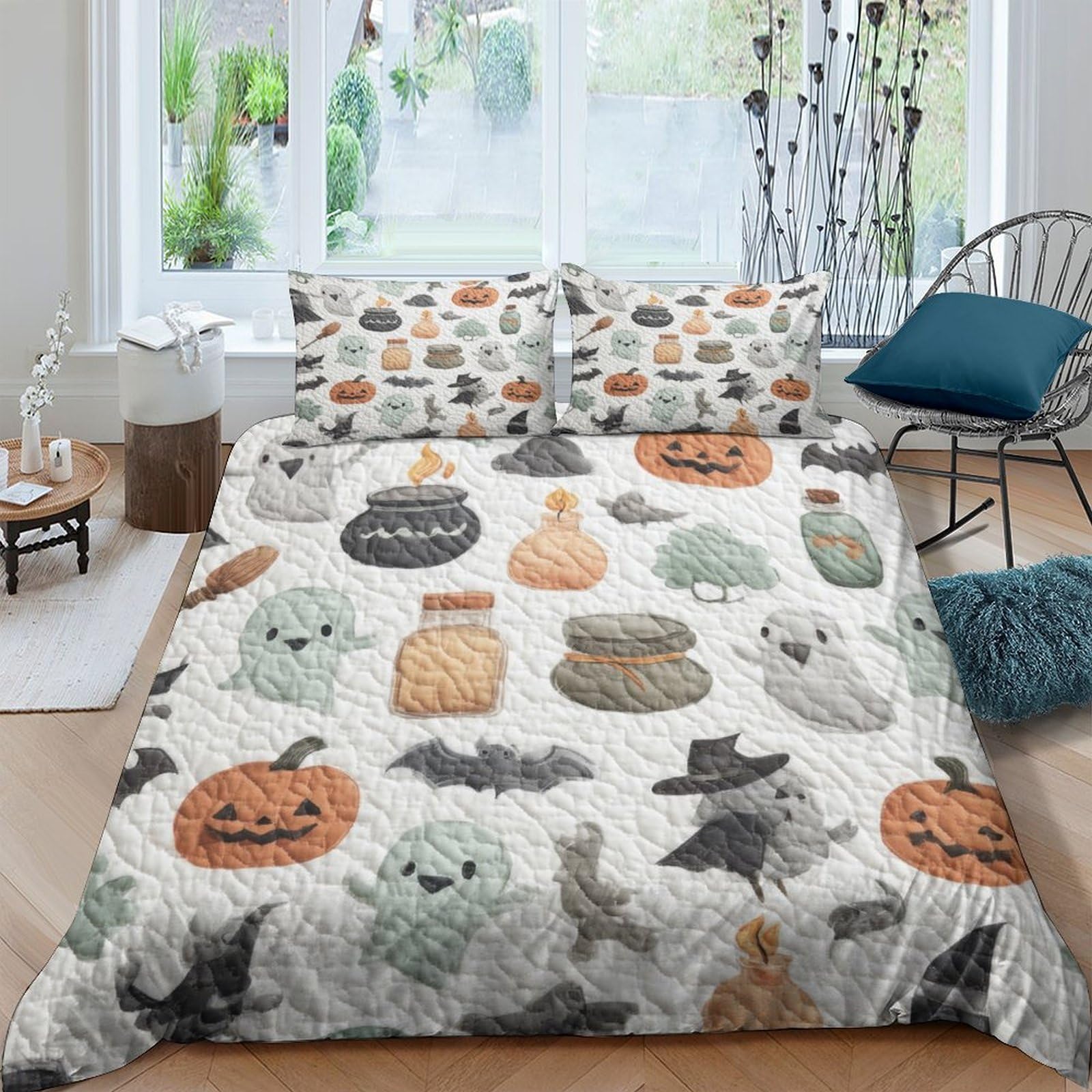 Ctjqhvkz Style-8 3D Printed Halloween Ghost Pumpkin Fitted Sheet Microfiber Soft Bedroom Decor Bat Cat Mattress Cover Single（135X200cm）
